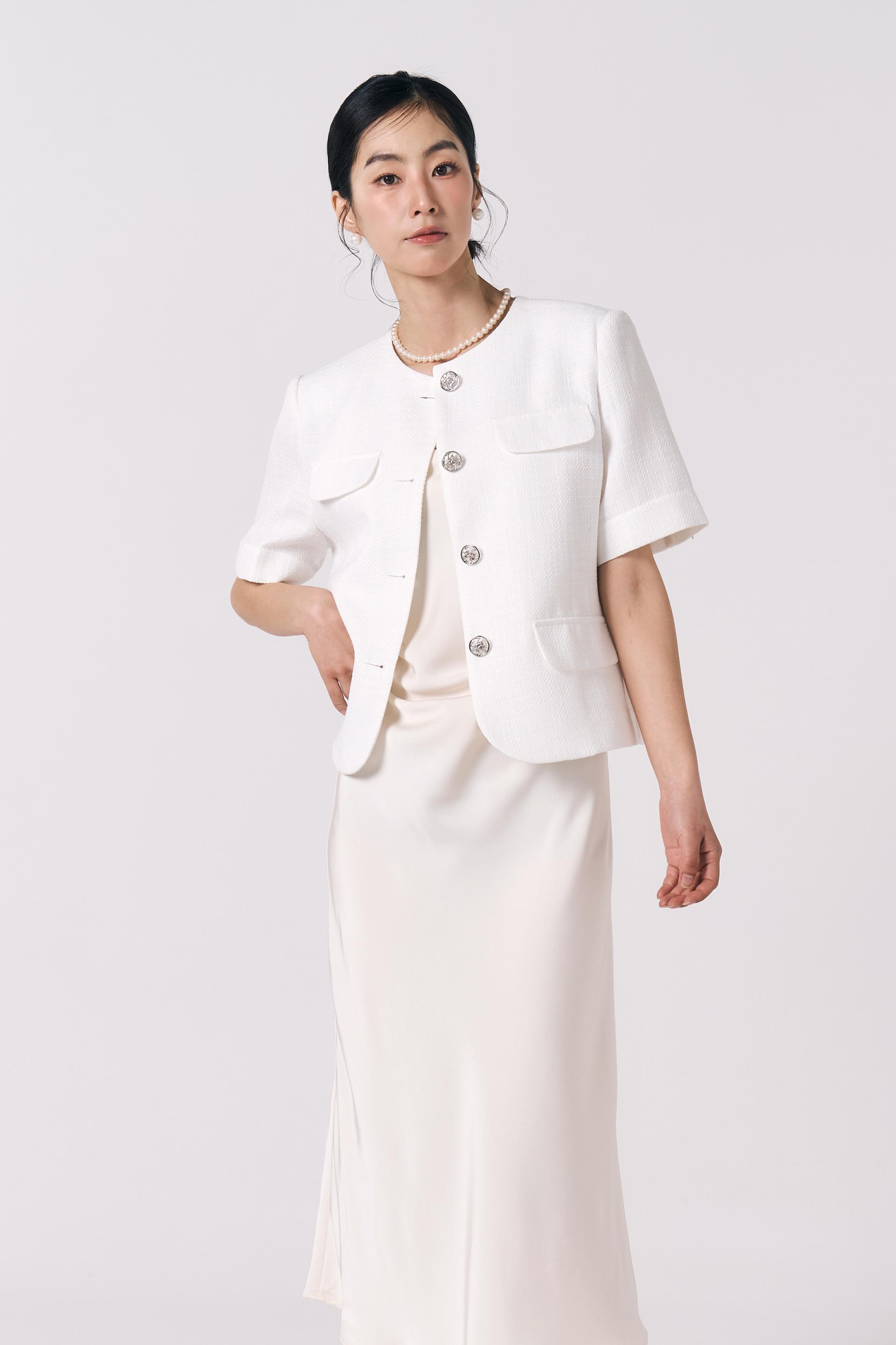 [LINEN] Tweed Short Sleeve Jacket (White)