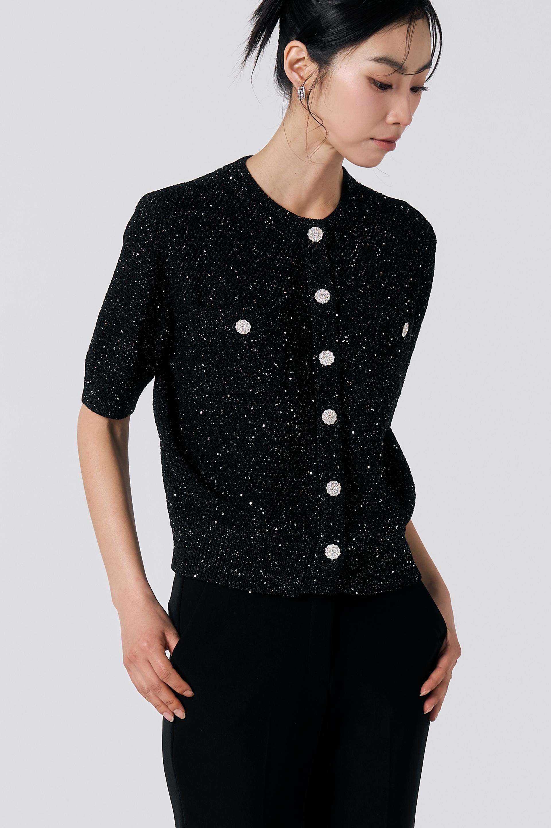 [KNIT] Tweed Sequin Cardigan (Black)
