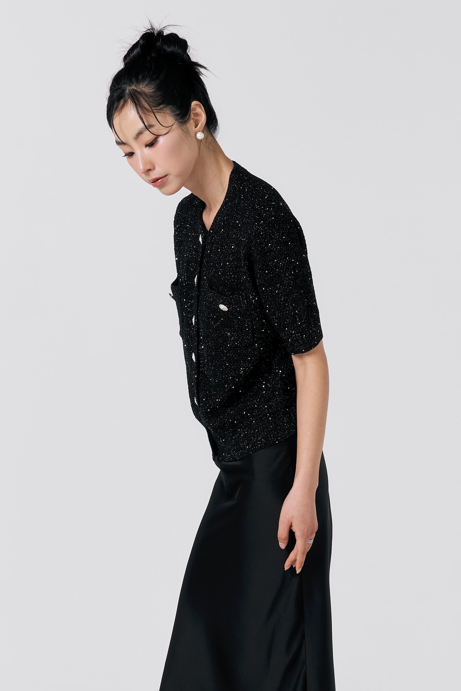[KNIT] Tweed Sequin Cardigan (Black)