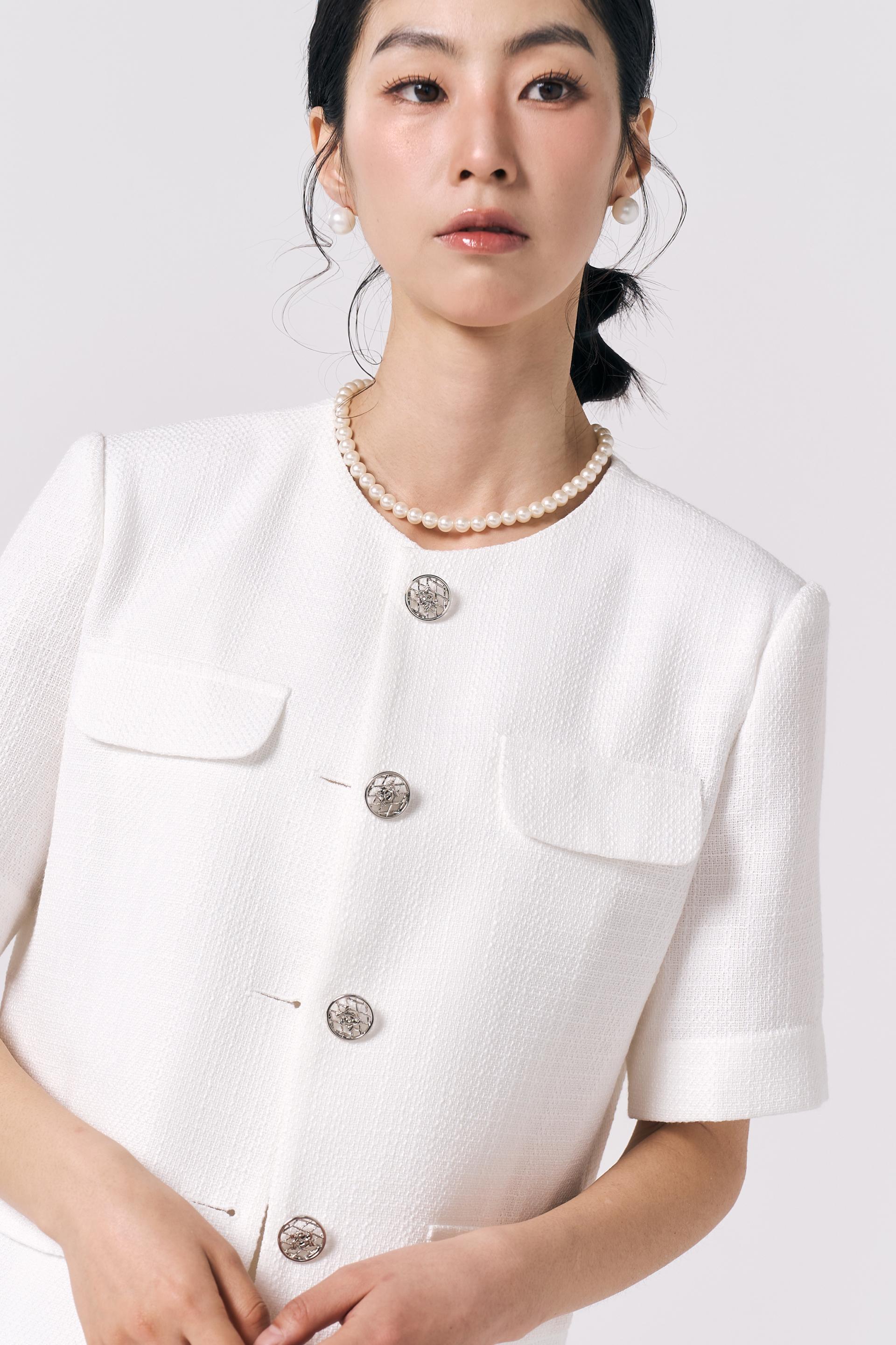 [LINEN] Tweed Short Sleeve Jacket (White)