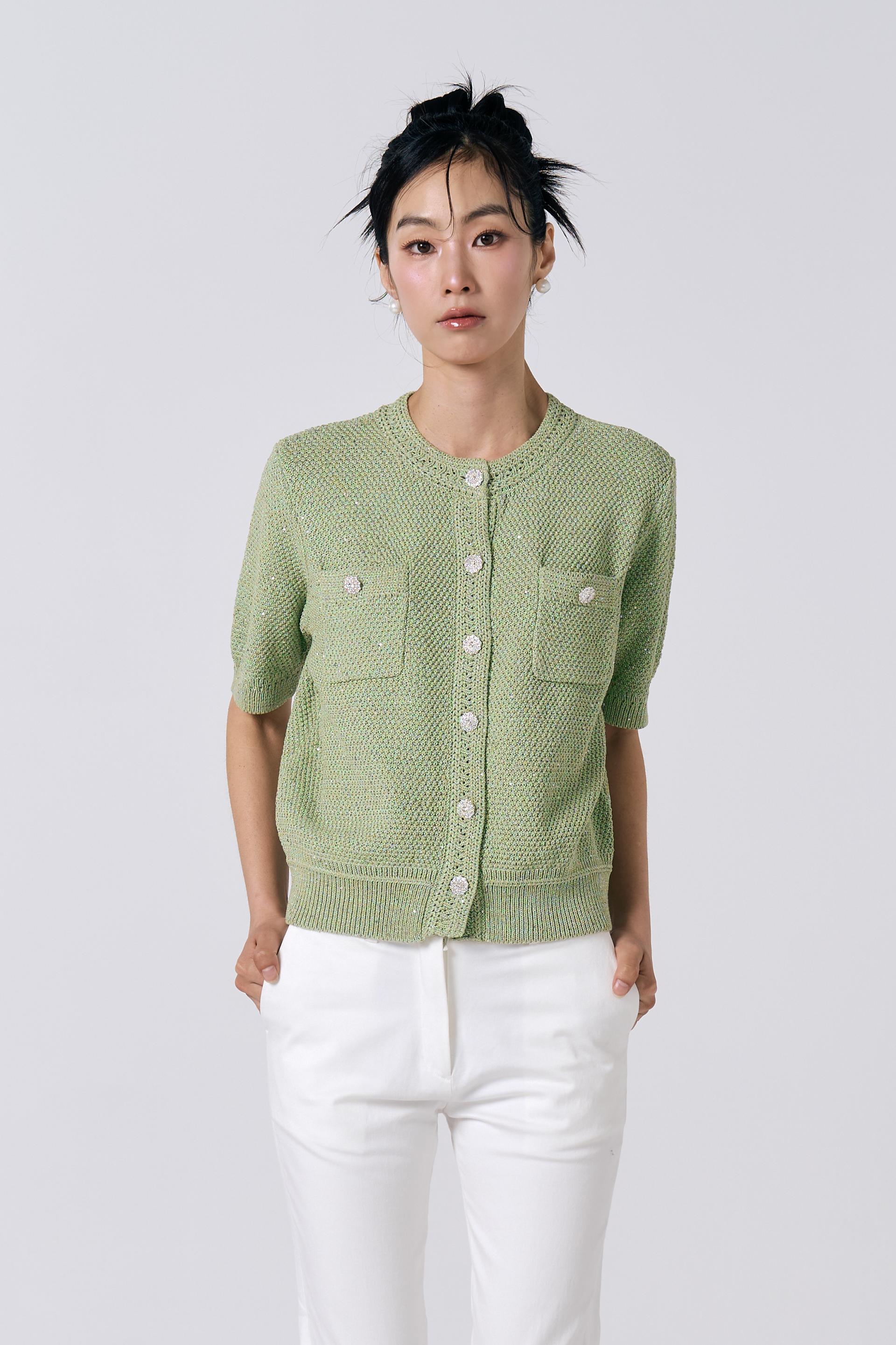 [KNIT] Tweed Sequin Cardigan (Green)