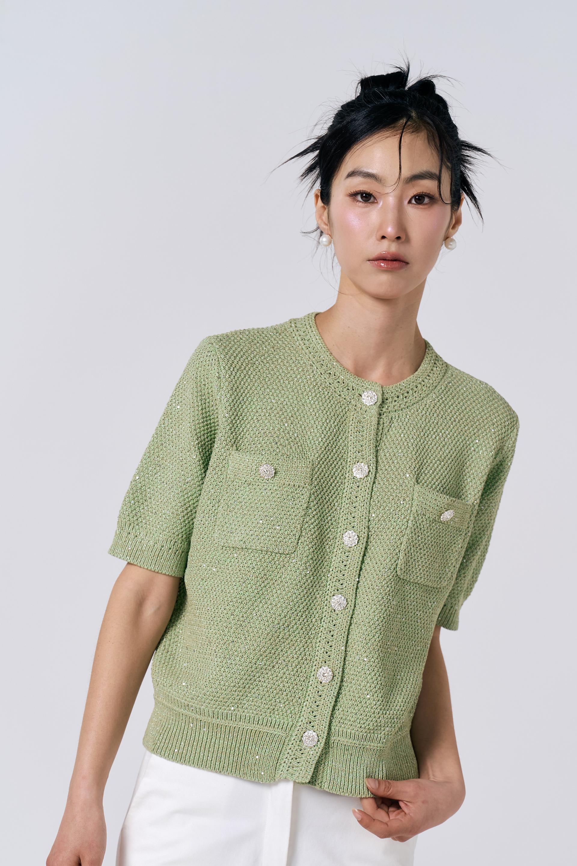 [KNIT] Tweed Sequin Cardigan (Green)