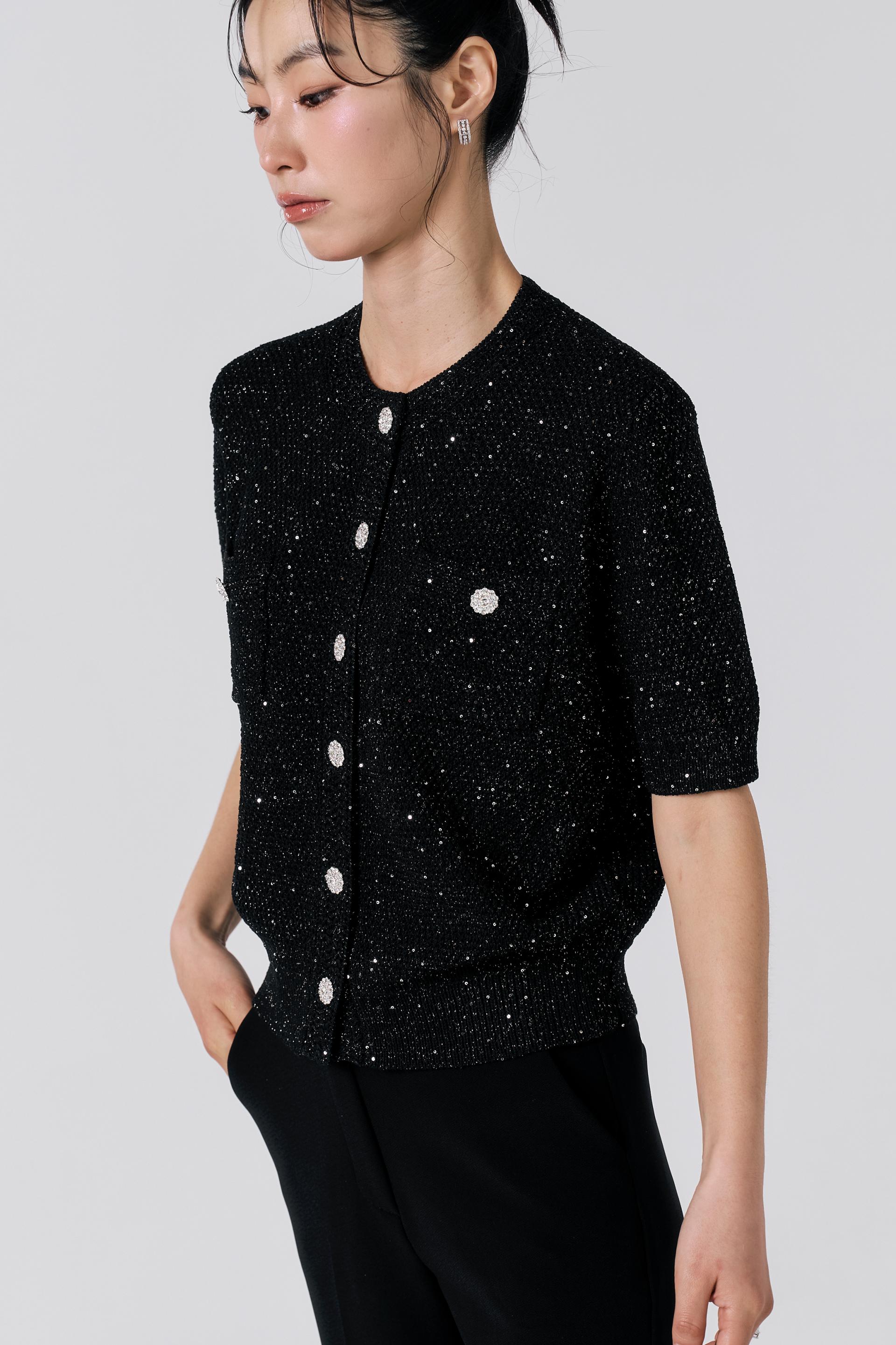 [KNIT] Tweed Sequin Cardigan (Black)