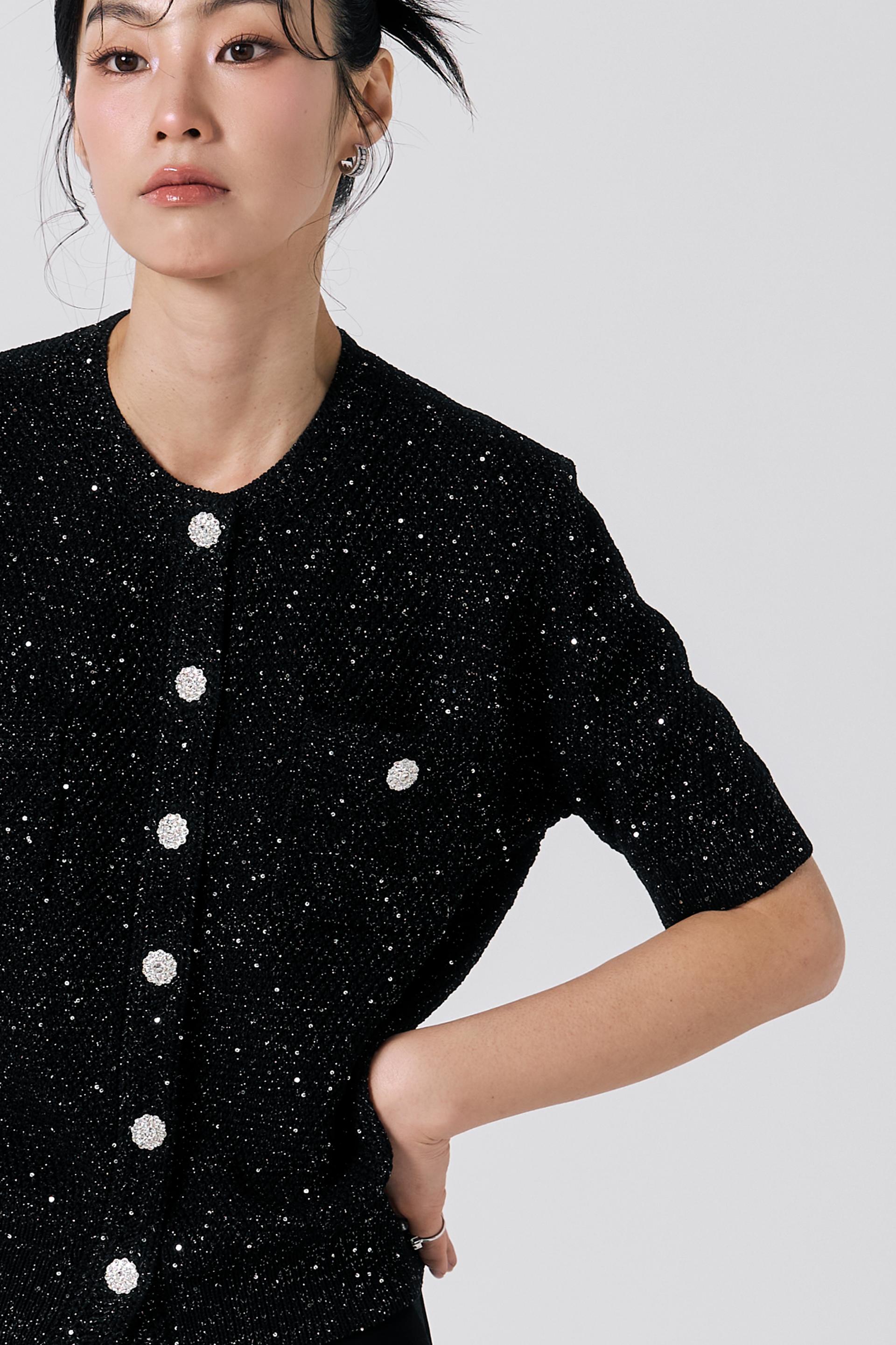 [KNIT] Tweed Sequin Cardigan (Black)