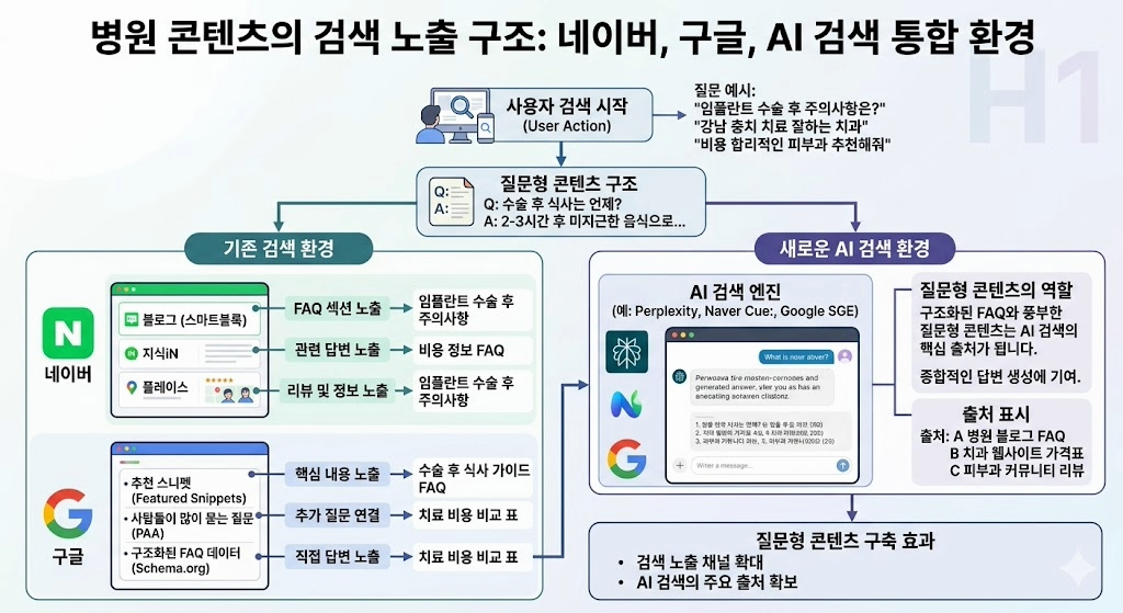 병원 콘텐츠가 네이버 구글 AI 검색에서 노출되는 검색 환경 구조도