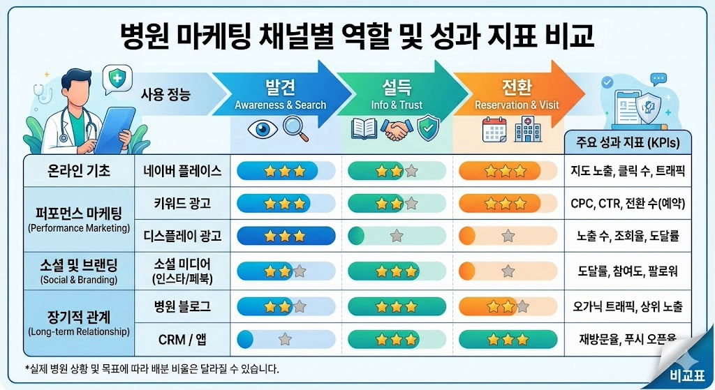 병원 마케팅 채널별 역할과 성과 지표를 정리한 비교표