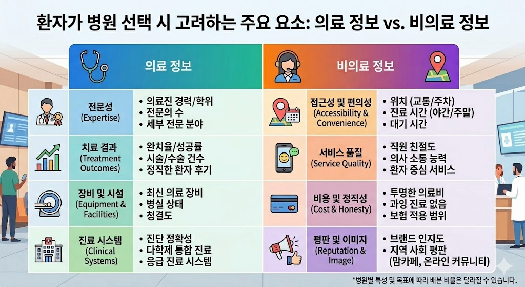 환자가 병원 선택 시 보는 의료 정보와 비의료 정보 비교표
