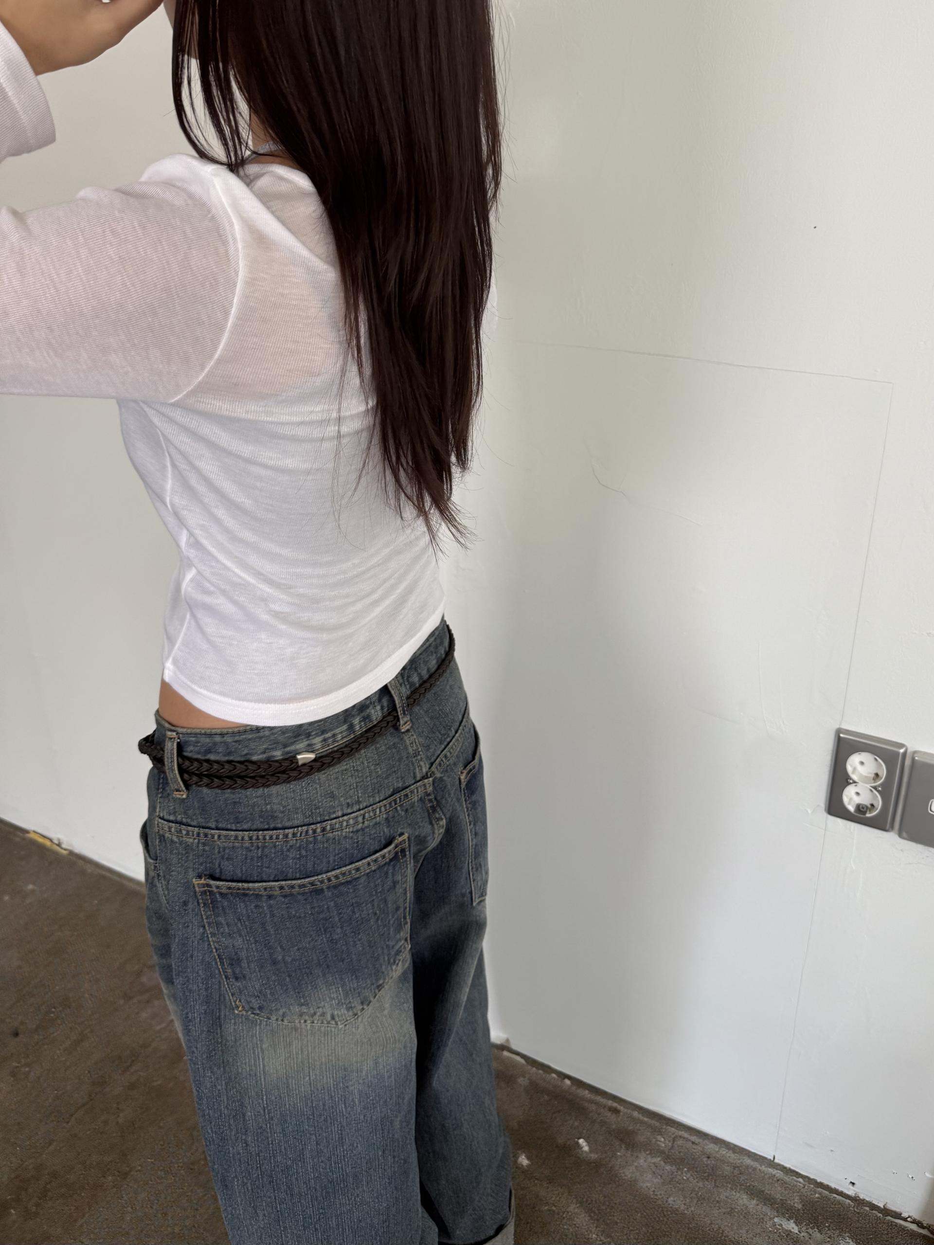 [unisex] denim midi blue curved pants