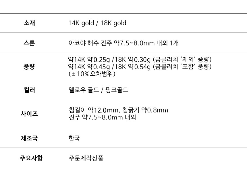 14K 18K 해수 아코야 진주 귀걸이 (7.5-8mm) AAA+등급