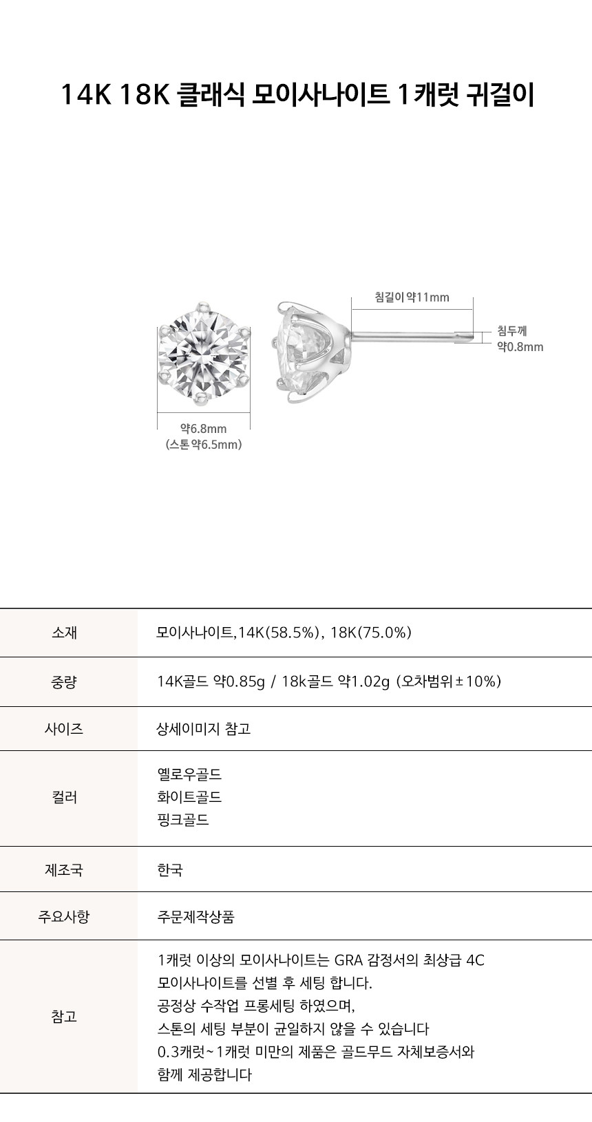 14K 18K 클래식 모이사나이트 1캐럿 6프롱 귀걸이_GRA감정서