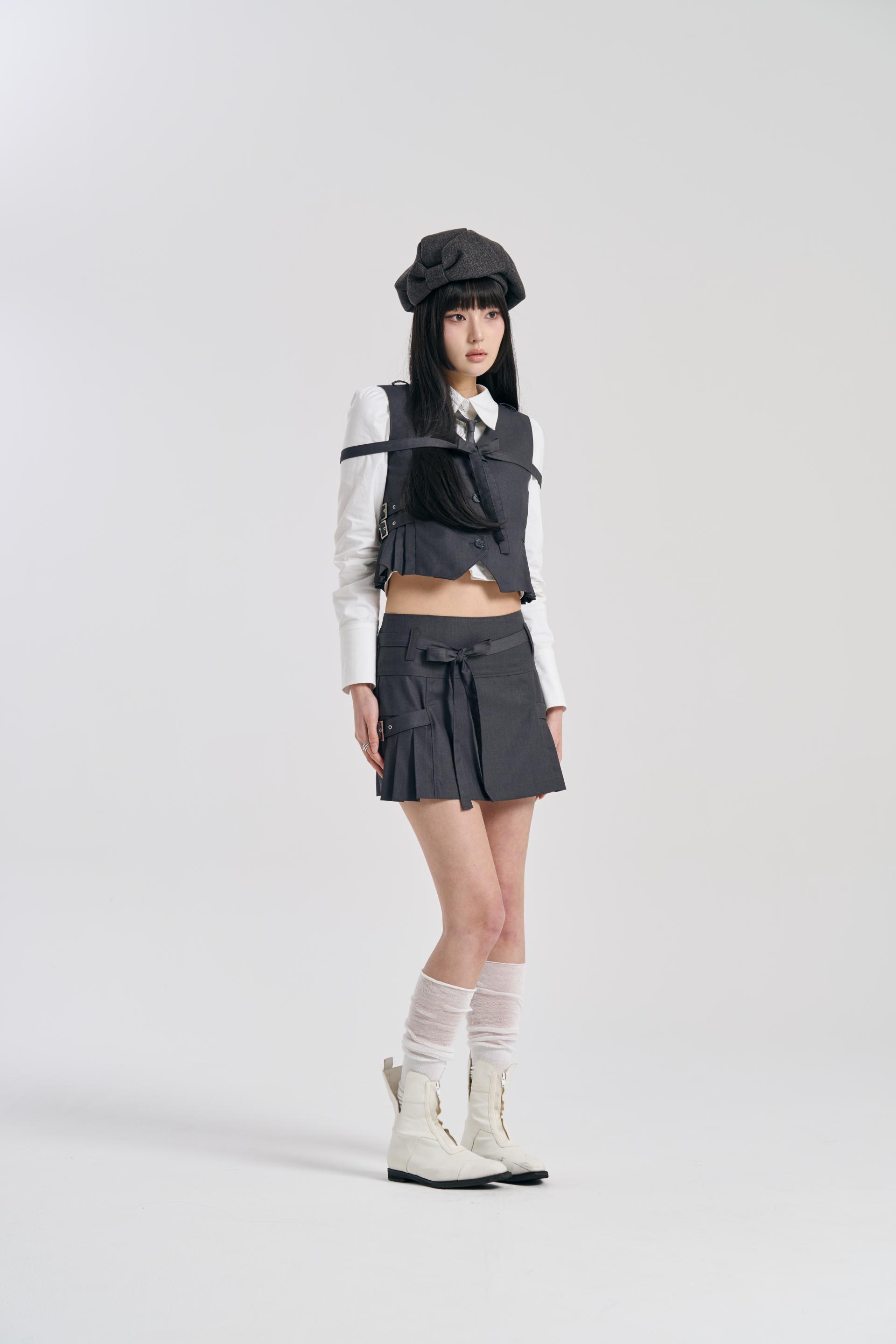 [SIGNATURE] PLEATS BELT SKIRT CHARCOAL