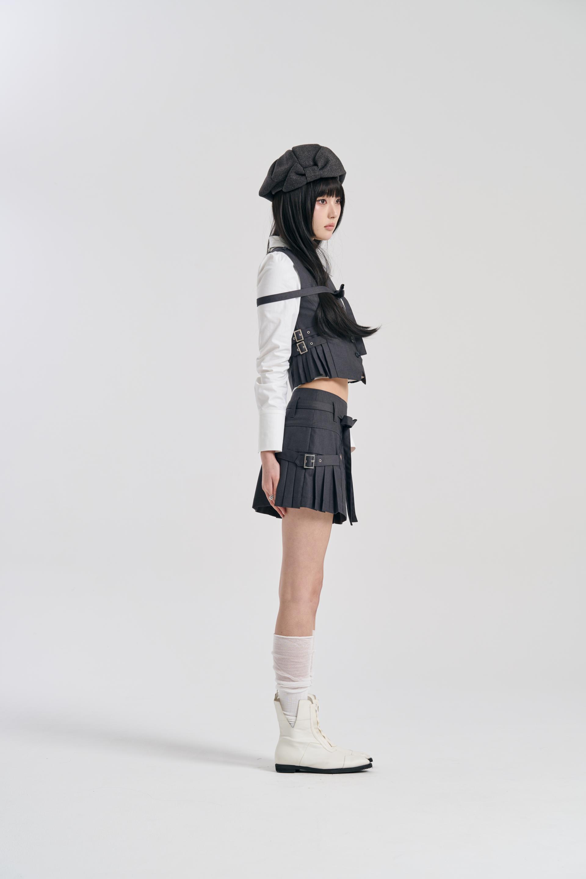 [SIGNATURE] PLEATS BELT SKIRT CHARCOAL