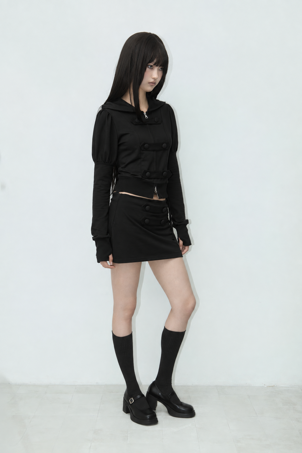 PUFF DOUBLE-BUTTON HOODIE ZIP-UP BLACK