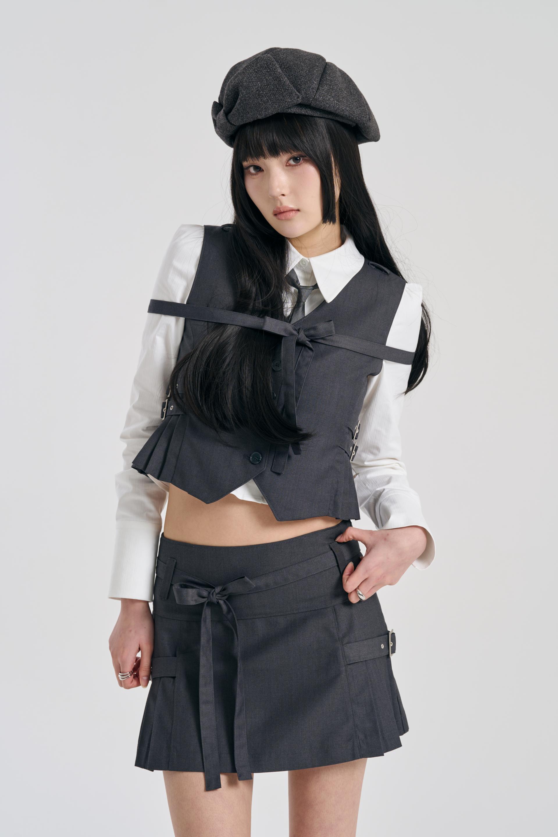 [SIGNATURE] PLEATS BELT SKIRT CHARCOAL