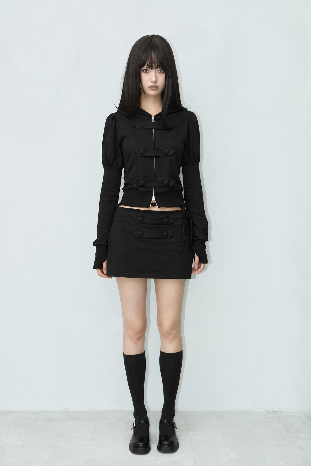 PUFF DOUBLE-BUTTON HOODIE ZIP-UP BLACK