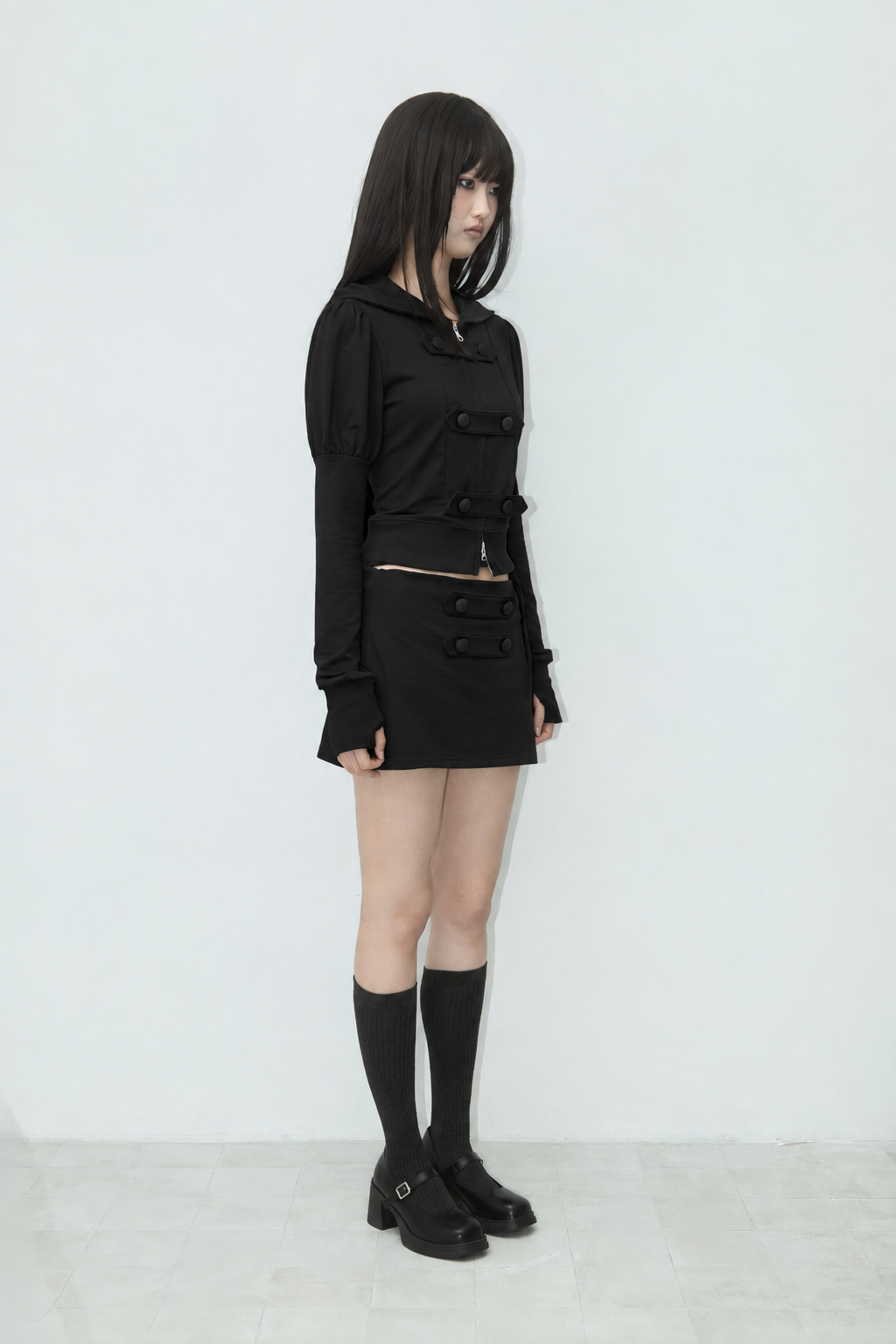 PUFF DOUBLE-BUTTON HOODIE ZIP-UP BLACK