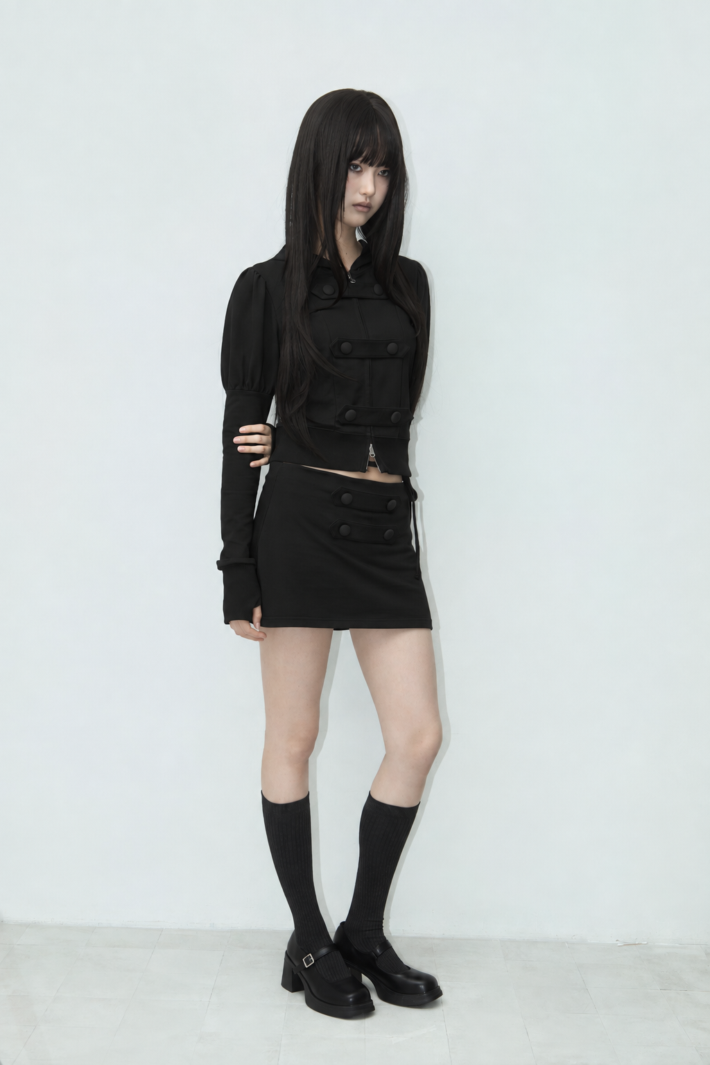 PUFF DOUBLE-BUTTON HOODIE ZIP-UP BLACK