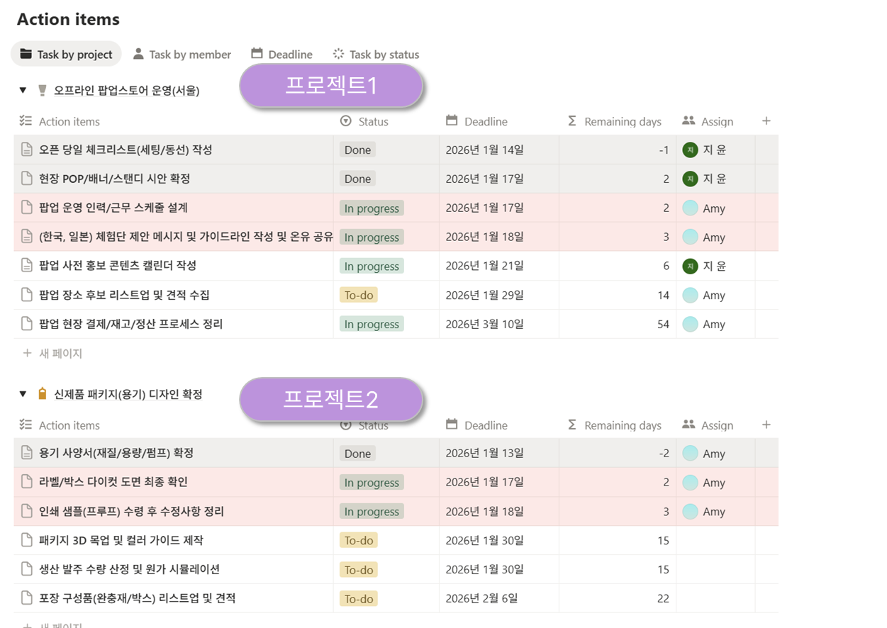 노션 대시보드 내 프로젝트별 업무 관리 뷰