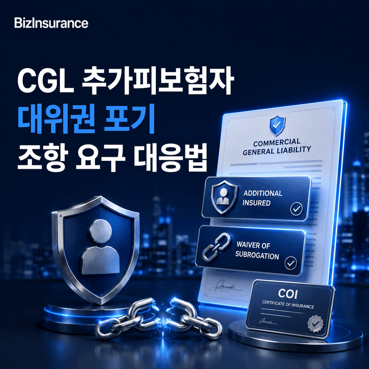 CGL 추가피보험자 대위권 포기 Additional Insured Waiver of Subrogation 해외 바이어 보험 조항 COI 발급