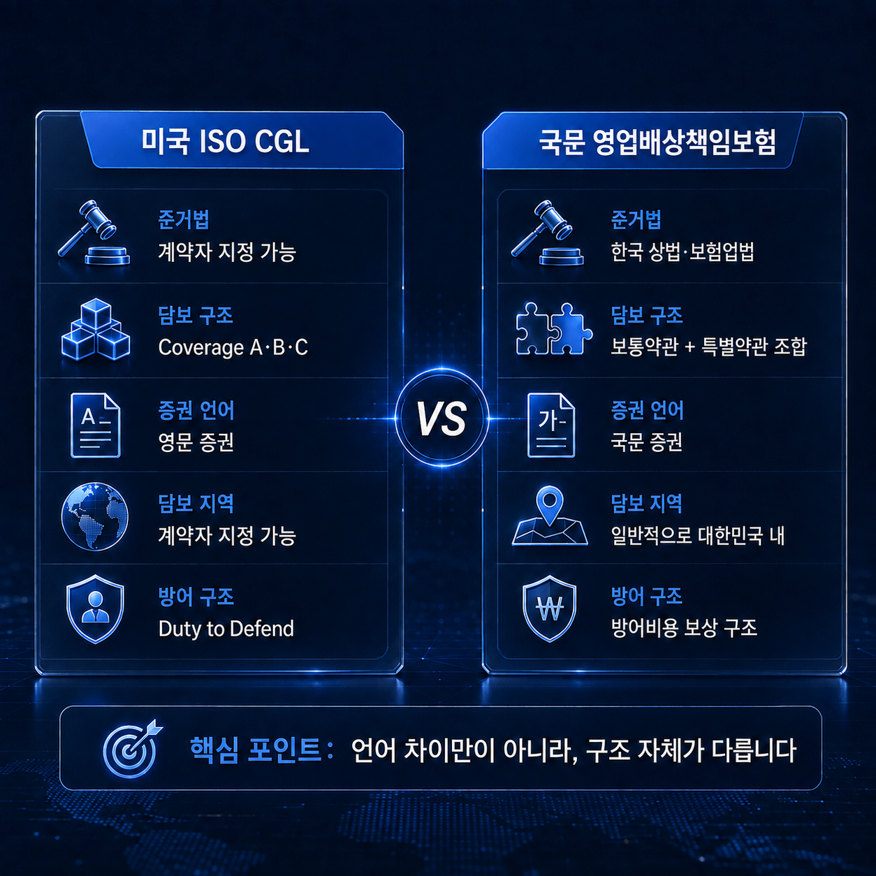 미국 ISO CGL과 국문 영업배상책임보험의 준거법 담보 구조 증권 언어 담보 지역 방어 구조 비교