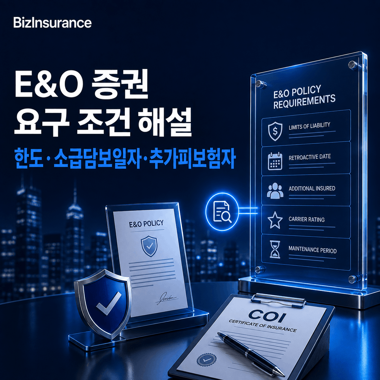 E&O 증권 요구 조건 한도 소급담보일자 추가피보험자 COI 계약 보험조항
