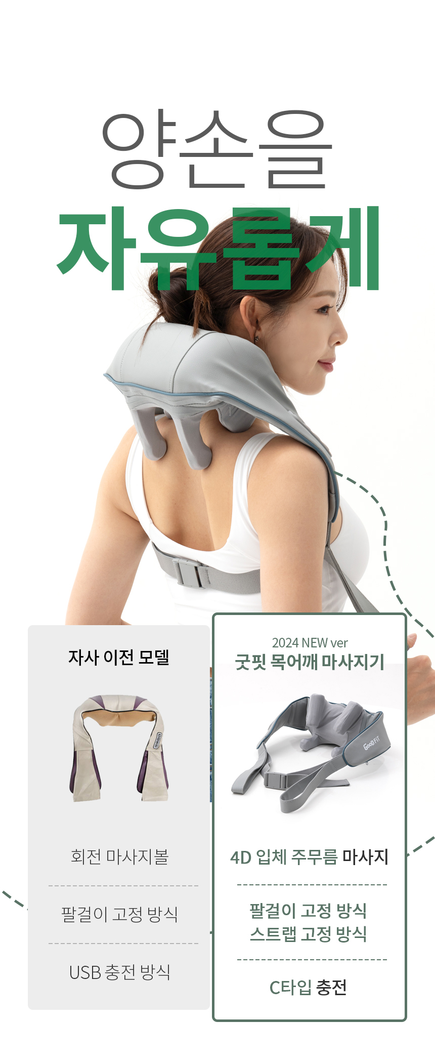 [굿프렌드]신수지 굿핏 플러스 목어깨마사지기 MH-M4, 충전식 온열 무선 팔걸이 승모근 마사지기