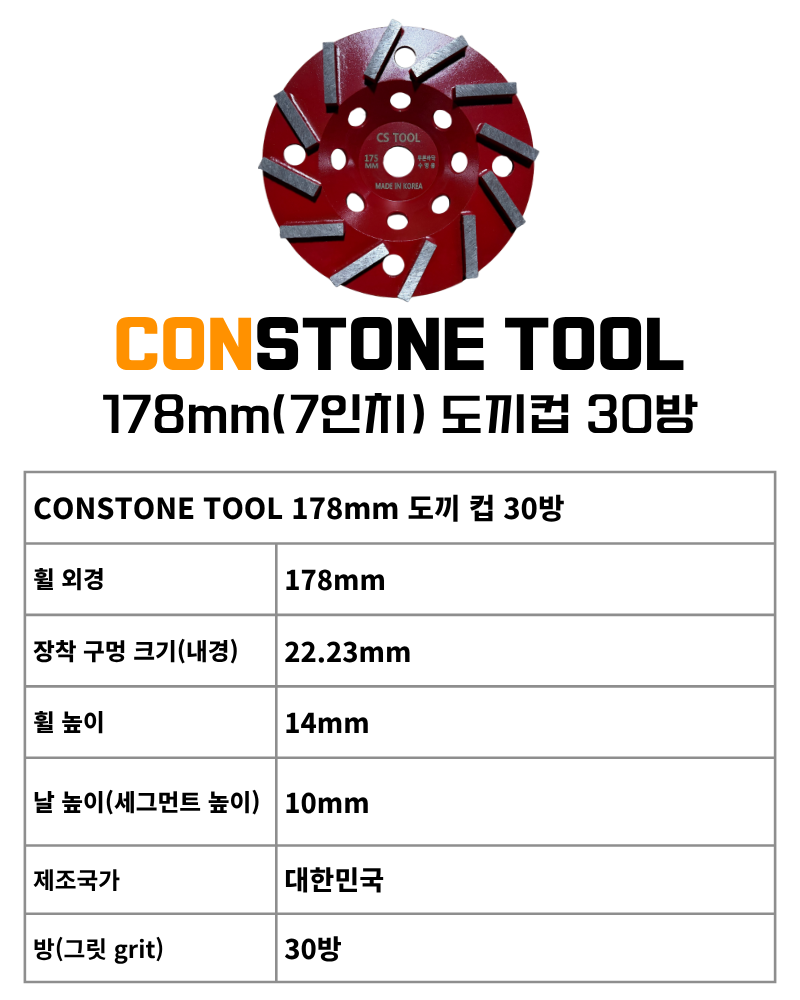 CS 국산 178mm(7인치) 다이아몬드 콘크리트 날 연삭기 연마 면갈이 도끼 컵휠 30방