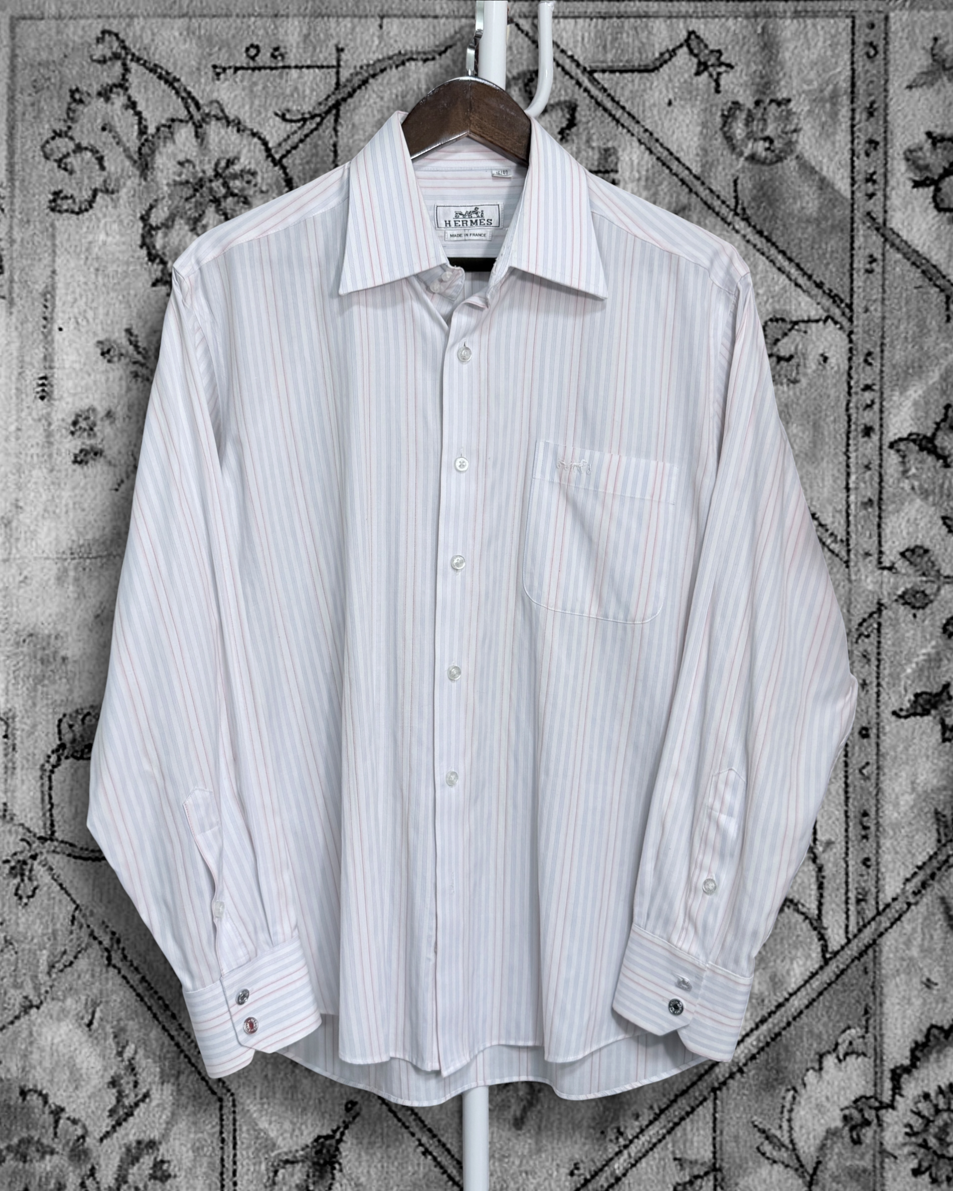 [HERMES] Stripe Long Sleeve Dress Shirt (White / Pink Blue Stripe)
