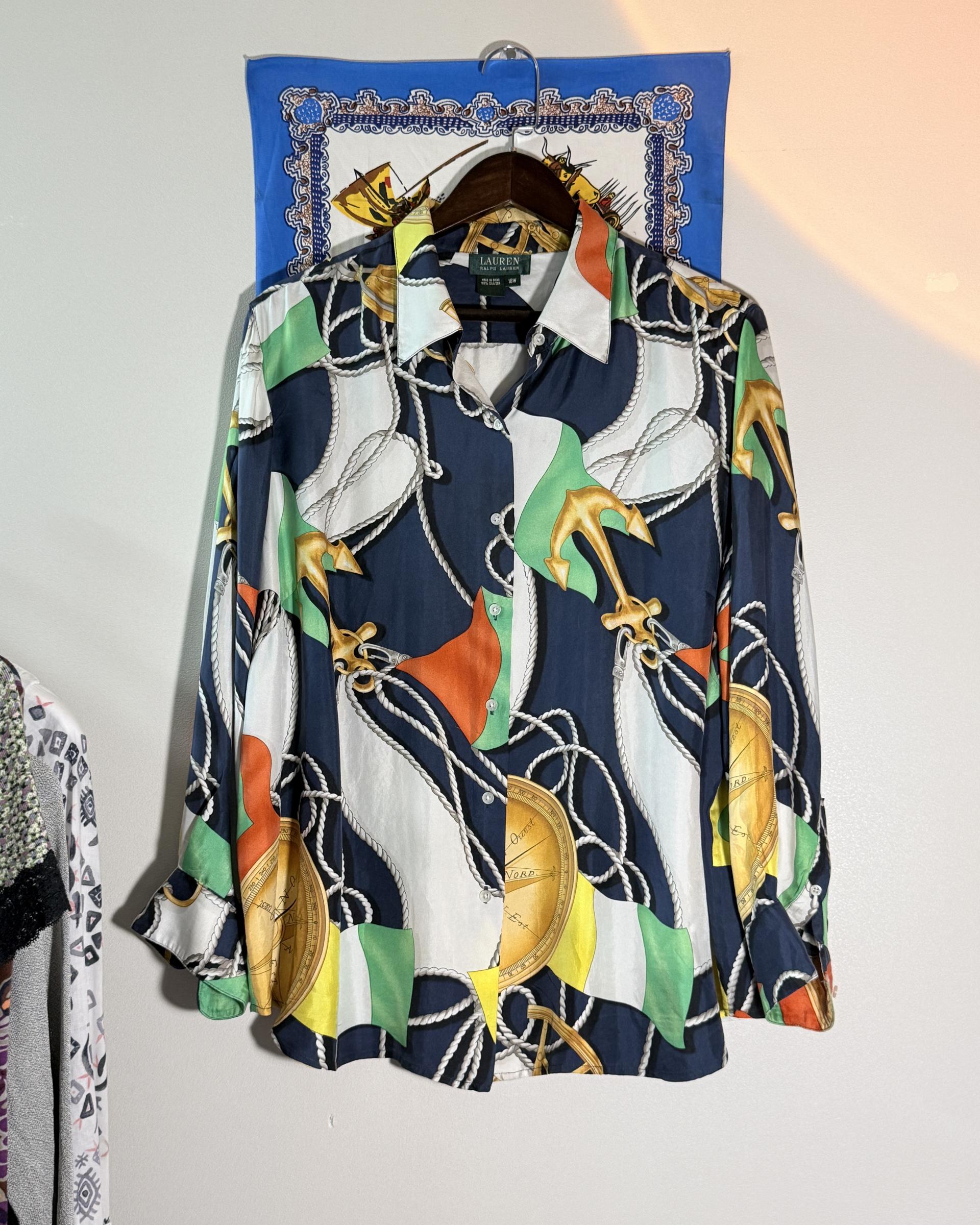 [LAUREN RALPH LAUREN] Nautical Print 100% Silk Shirt