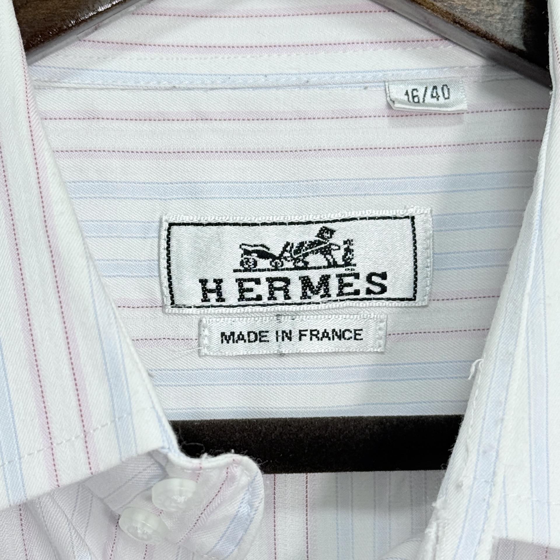 [HERMES] Stripe Long Sleeve Dress Shirt (White / Pink Blue Stripe)