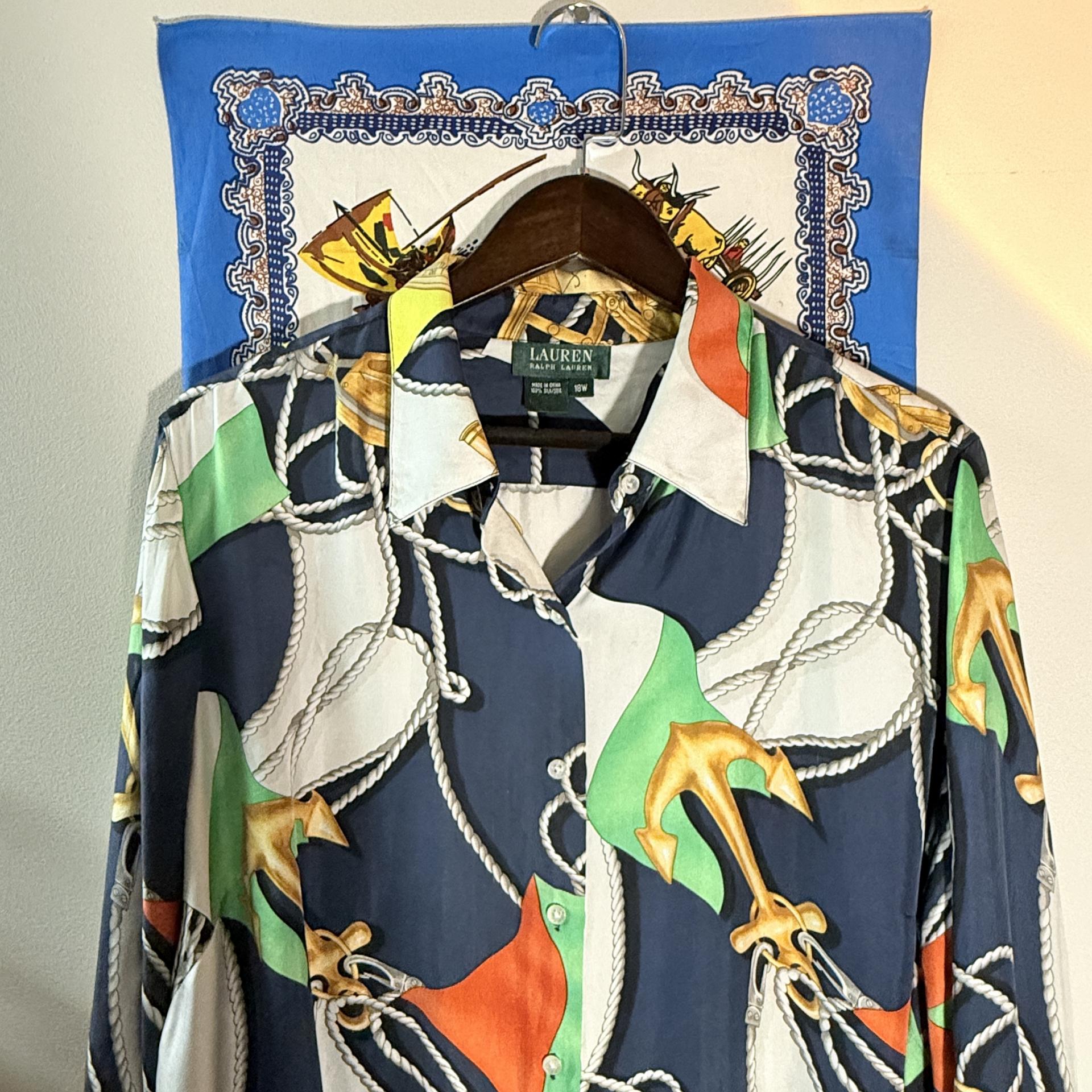 [LAUREN RALPH LAUREN] Nautical Print 100% Silk Shirt