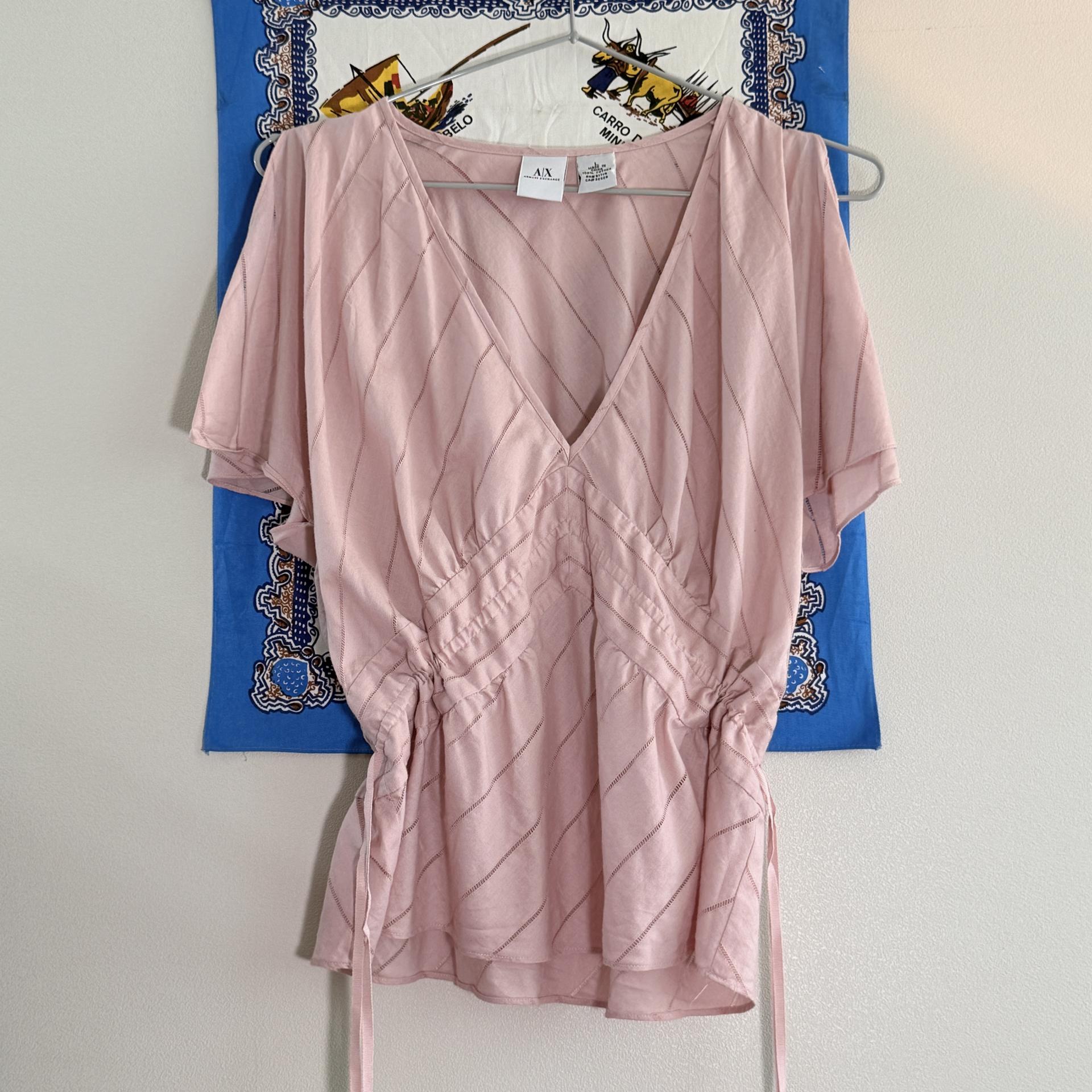 [A|X Armani Exchange] Cut-Out Shoulder Sheer Stripe Blouse (Pink)