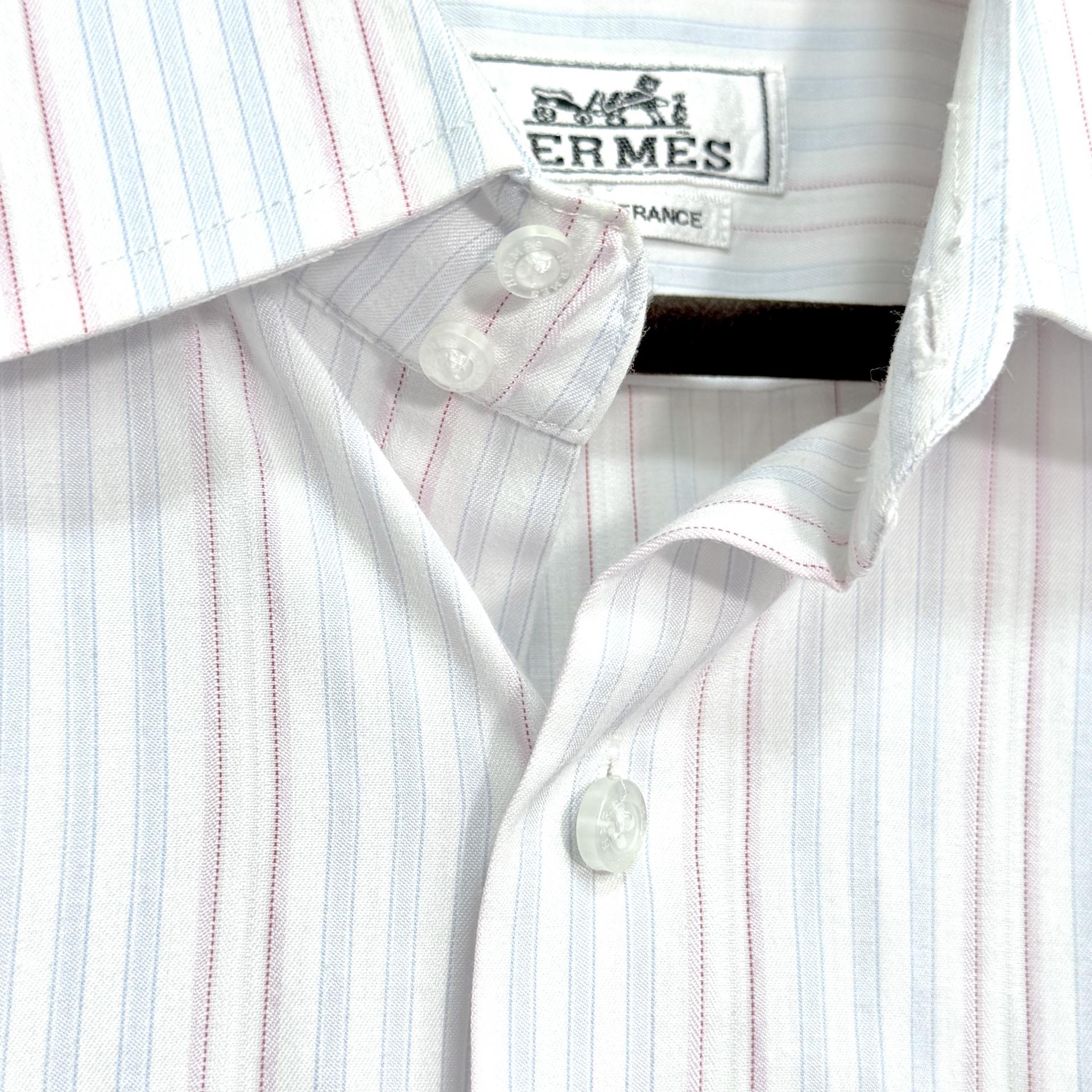 [HERMES] Stripe Long Sleeve Dress Shirt (White / Pink Blue Stripe)