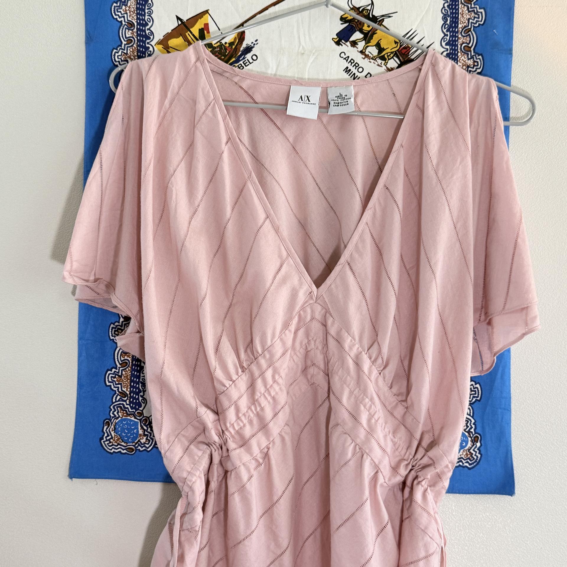 [A|X Armani Exchange] Cut-Out Shoulder Sheer Stripe Blouse (Pink)