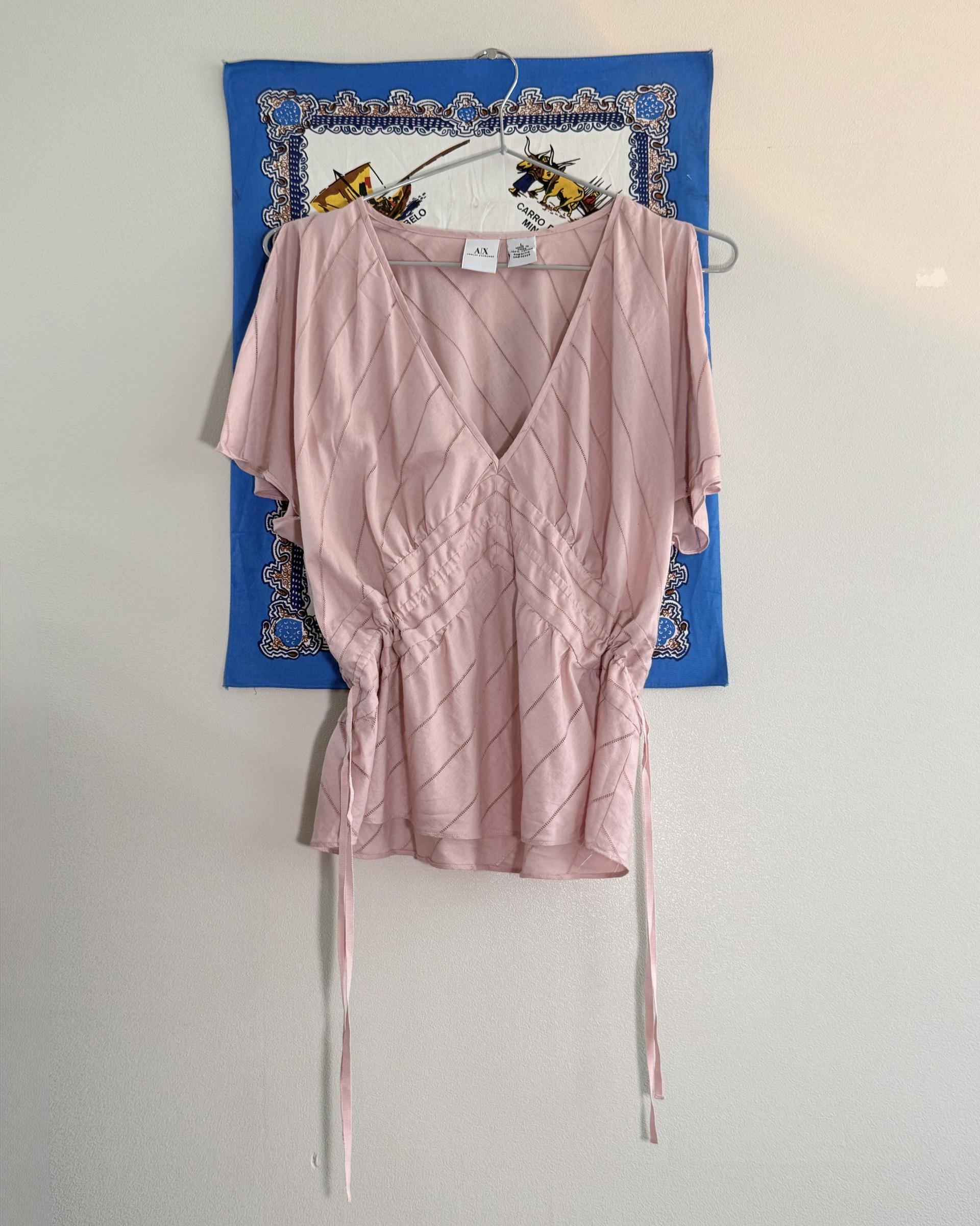 [A|X Armani Exchange] Cut-Out Shoulder Sheer Stripe Blouse (Pink)