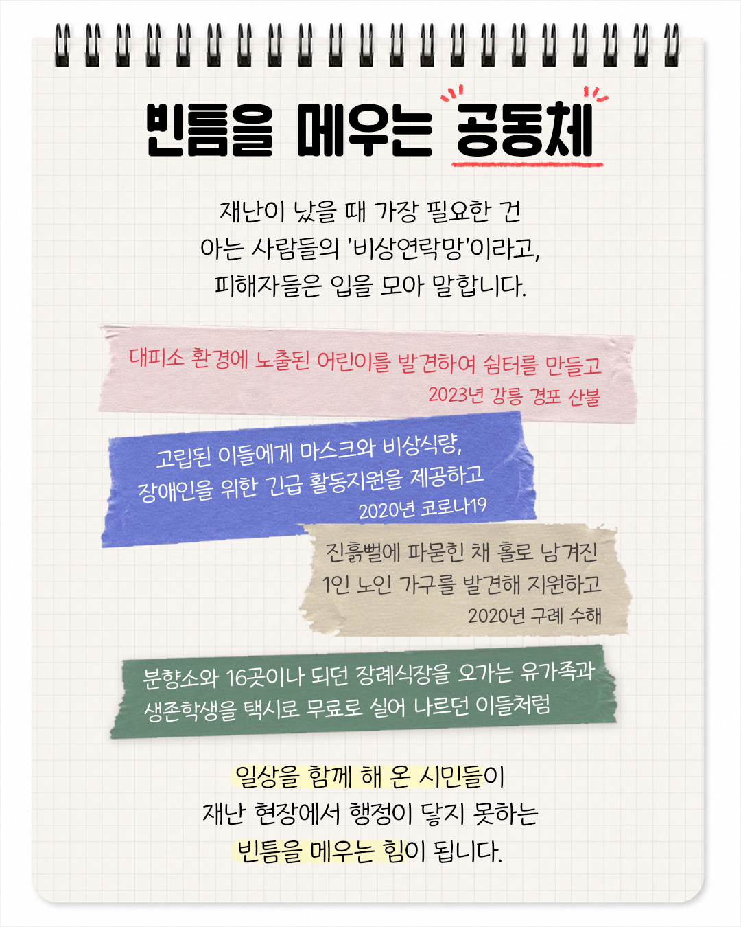 빈틈을 메우는 공동체. 재난이 났을 때 가장 필요한 건 아는 사람들의 '비상연락망'이라고, 피해자들은 입을 모아 말합니다. 대피소 환경에 노출된 어린이를 발견하여 쉼터를 만들고. 2023년 강릉 경포 산불. 고립된 이들에게 마스크와 비상식량, 장애인을 위한 긴급 활동지원을 제공하고. 2020년 코로나19. 진흙뻘에 파묻힌 채 홀로 남겨진 1인 노인 가구를 발견해 지원하고. 2020년 구례 수해. 분향소와 16곳이나 되던 장례식장을 오가는 유가족과 생존학생을 택시로 무료로 실어 나르던 이들처럼. 일상을 함께 해 온 시민들이 재난 현장에서 행정이 닿지 못하는 빈큼을 메우는 힘이 됩니다.