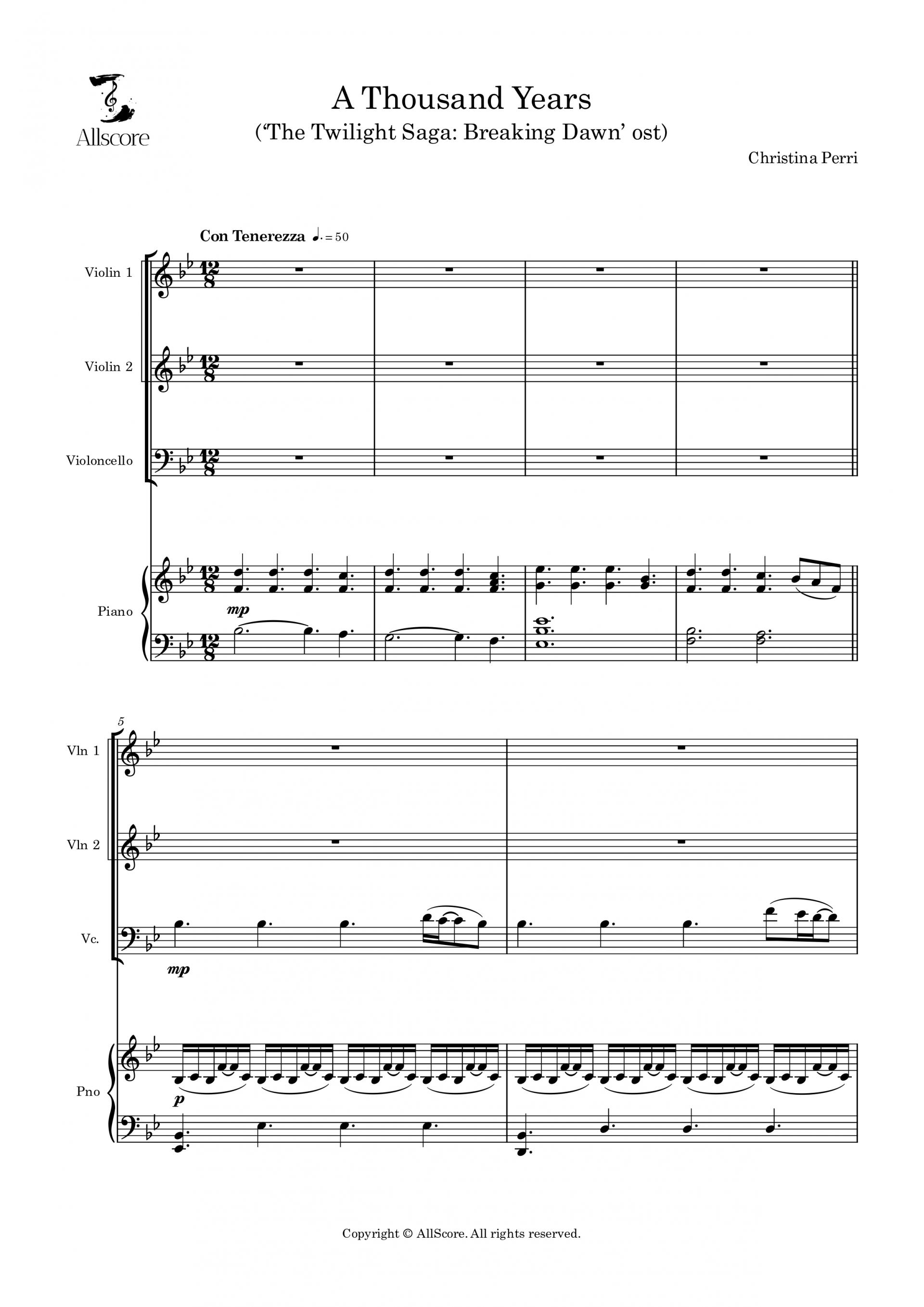 A Thousand Years ('트와일라잇' ost) - Quartet (Vln1, 2, Vc, Pno)