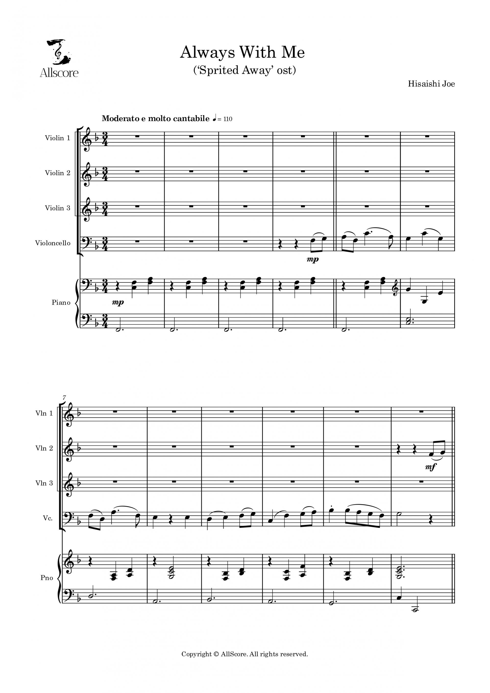 언제나 몇 번이라 ('센과 치히로의 행방불명' ost) - Quintet (Vln 1, 2, 3, Vc, Pno)