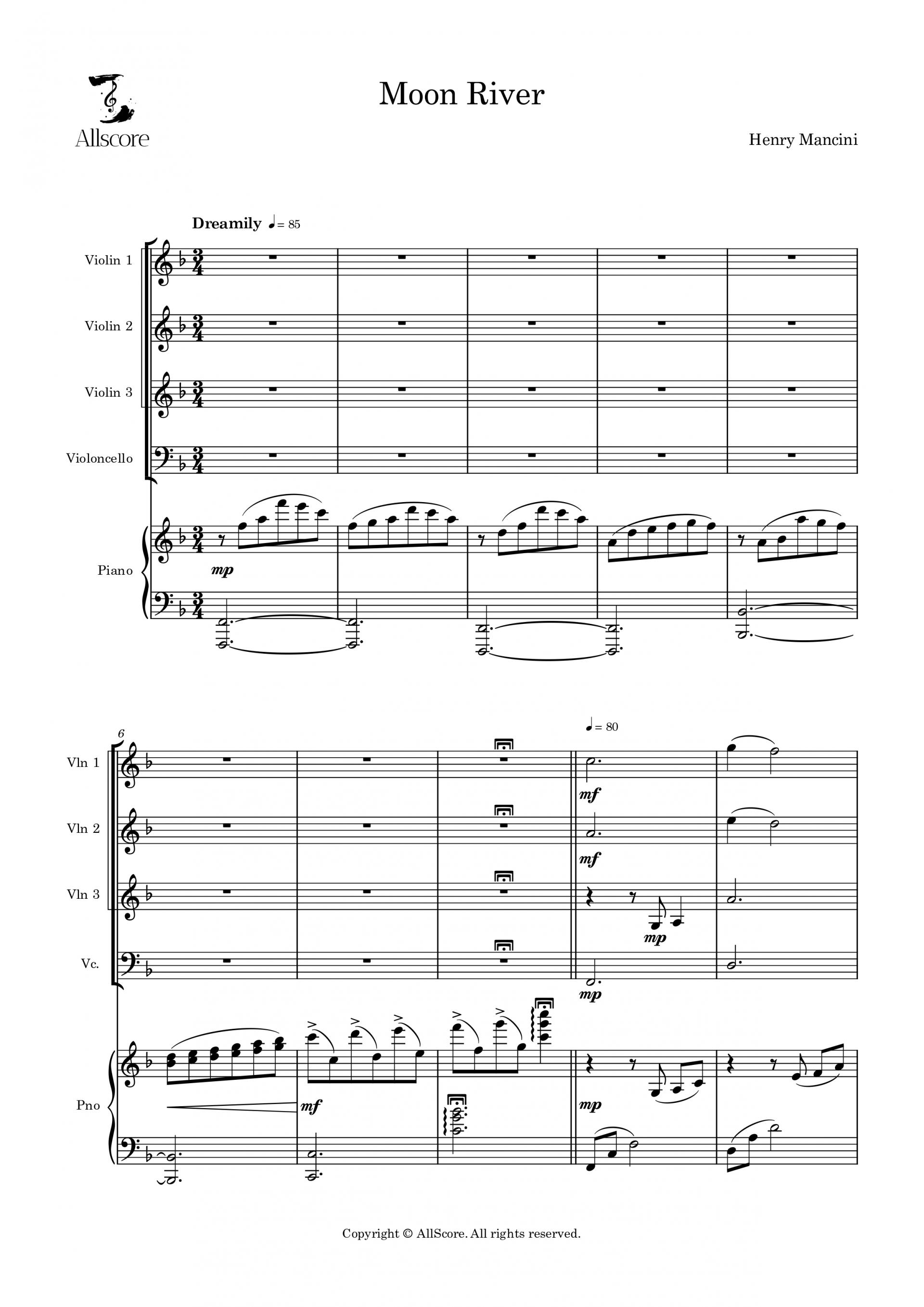 Moon River 문리버 ('티파니에서 아침을' OST) - Quintet (Vln 1, 2, 3, Vc, Pno)