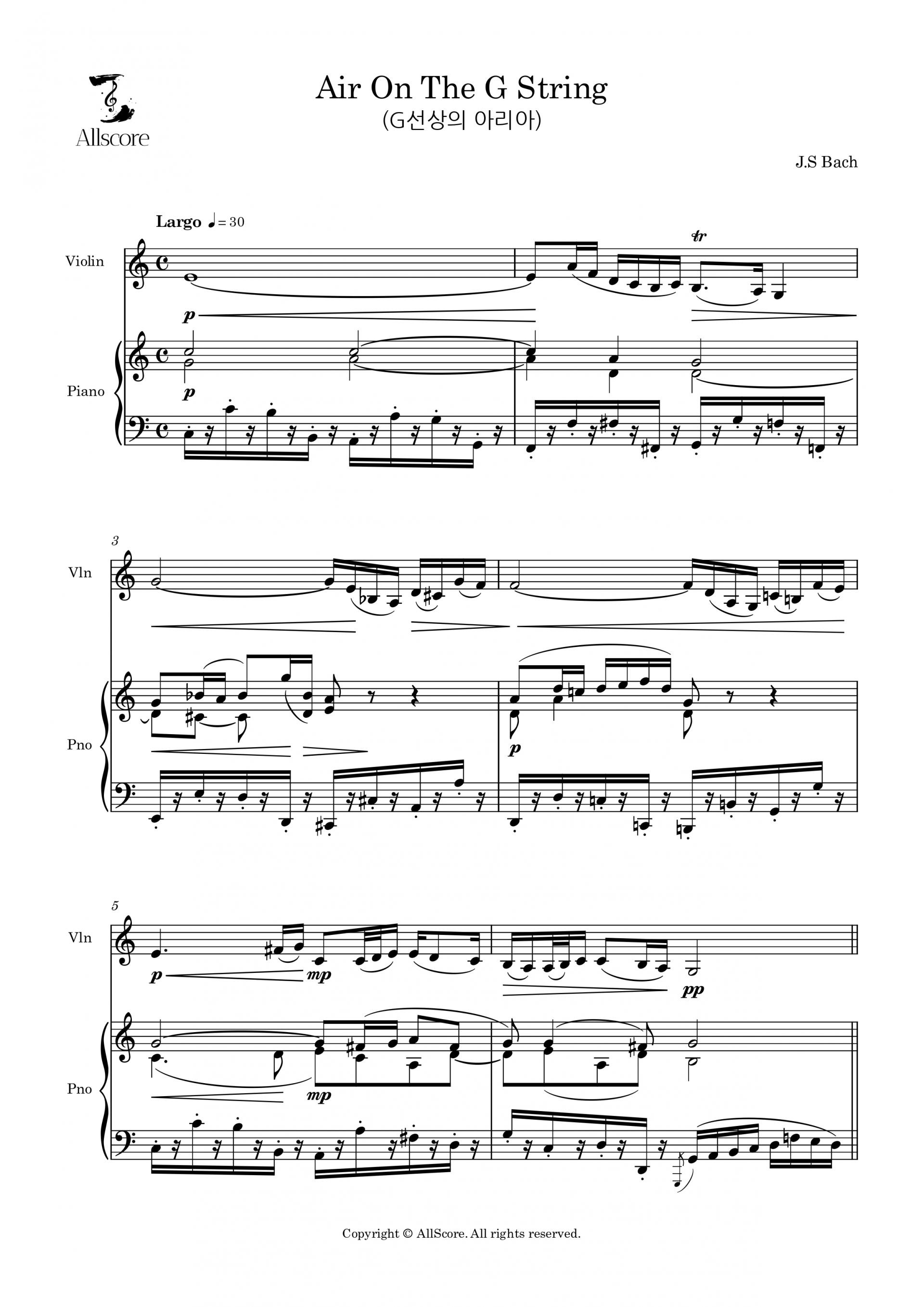 Air On The G String (G선상의 아리아) - Solo (Vln, Pno)