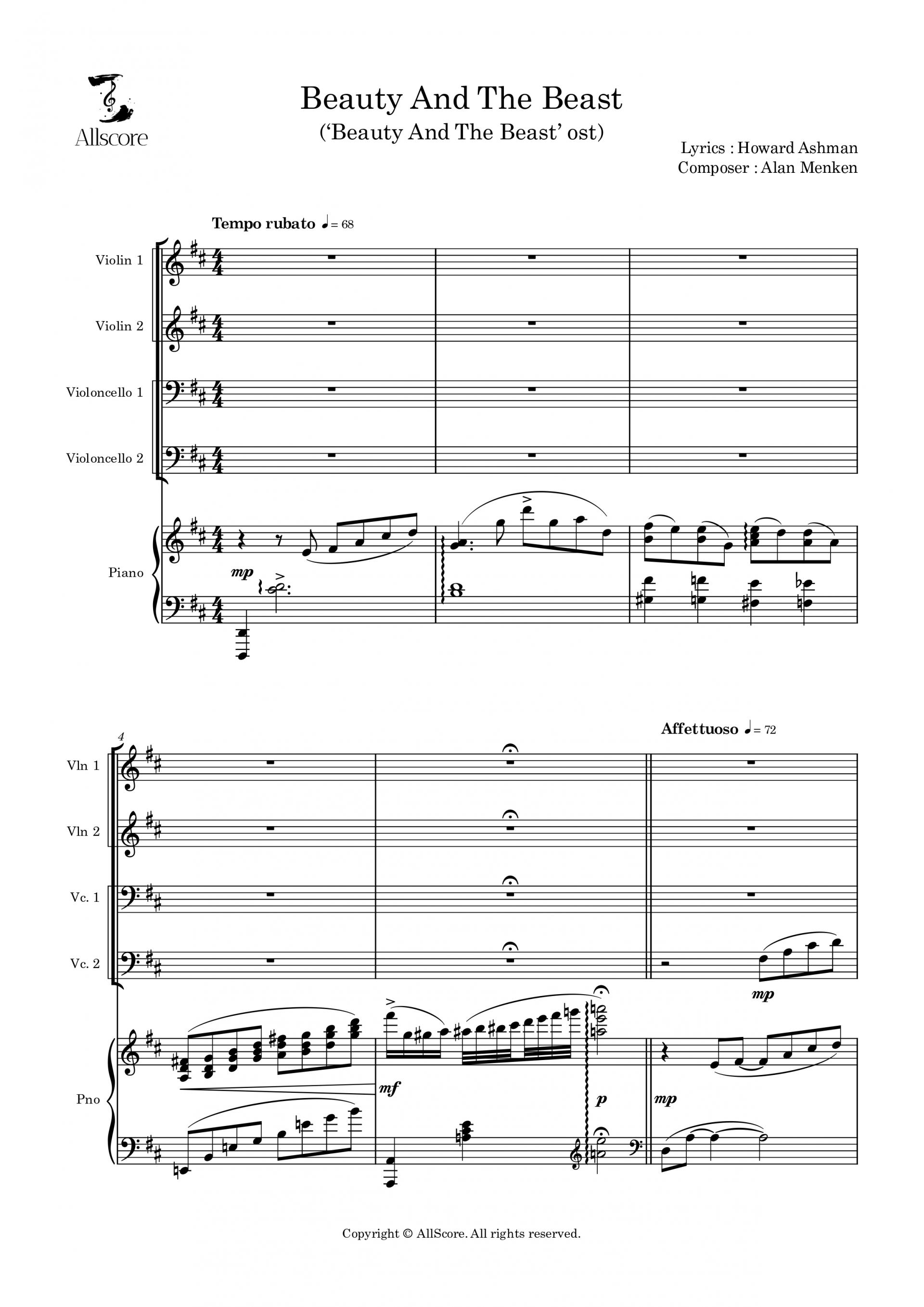 Beauty and the Beast ('미녀와 야수' ost) - Quintet (Vln 1, 2, Vc 1, 2, Pno)
