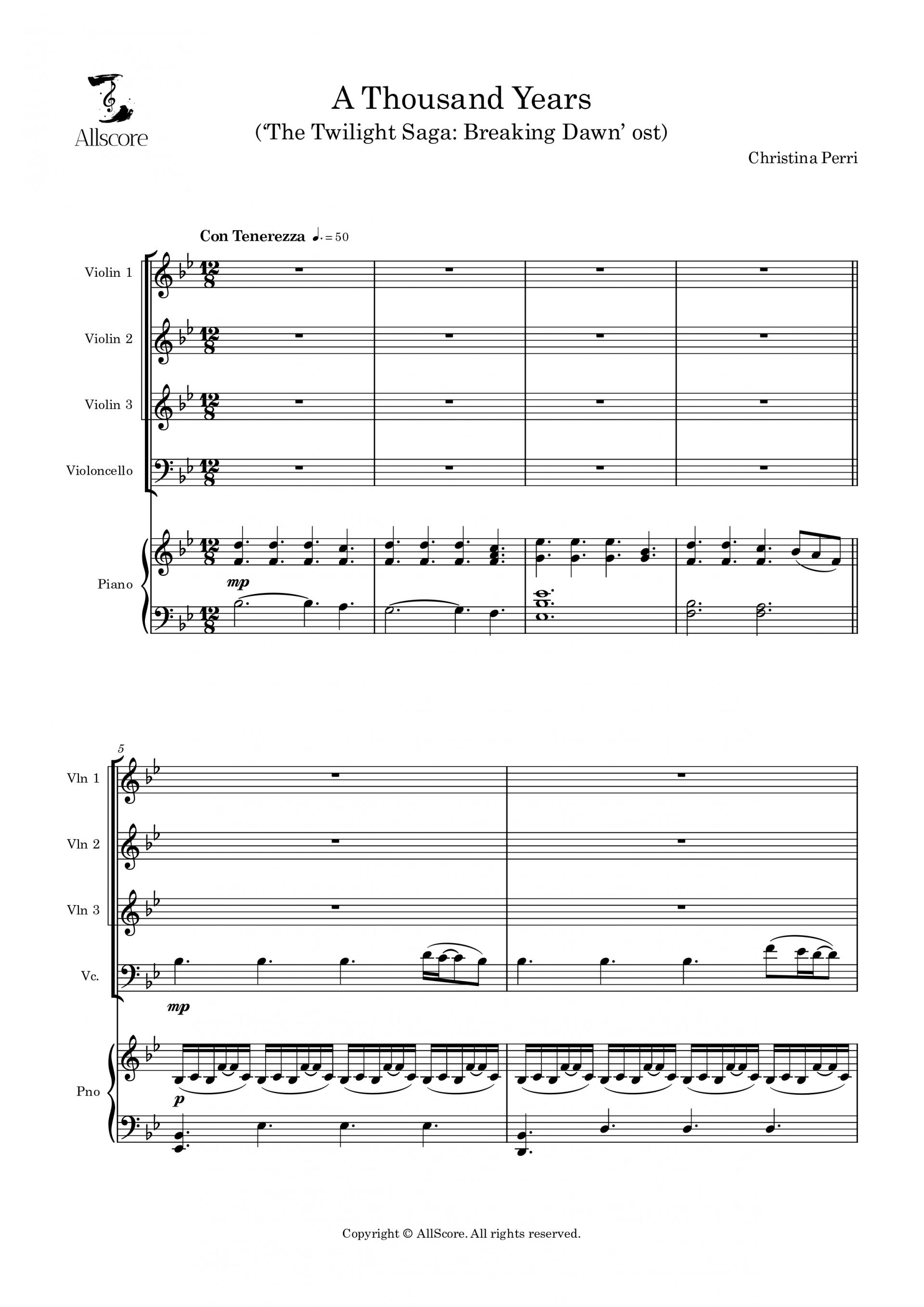 A Thousand Years ('트와일라잇' ost) - Quintet (Vln1, 2, 3, Vc, Pno)