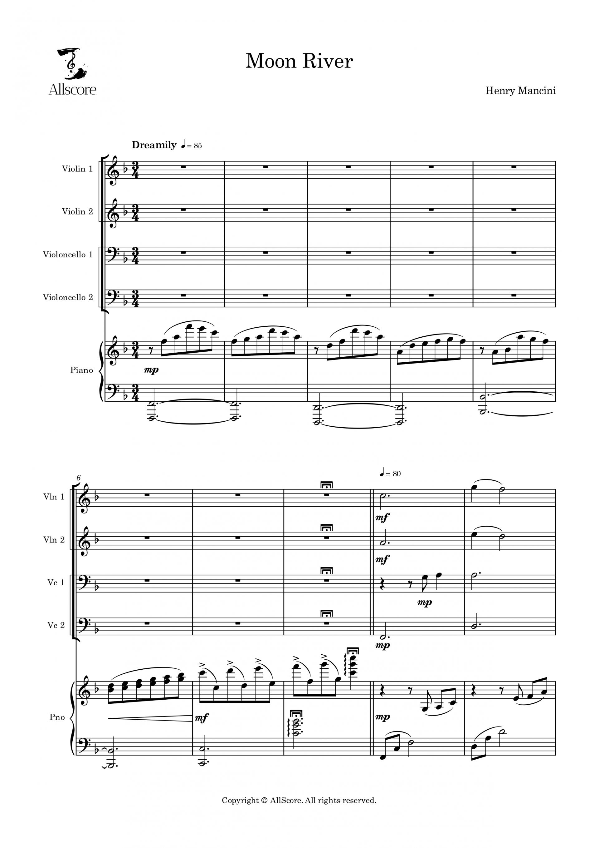Moon River 문리버 ('티파니에서 아침을' OST) - Quintet (Vln 1, 2, Vc 1, 2, Pno)