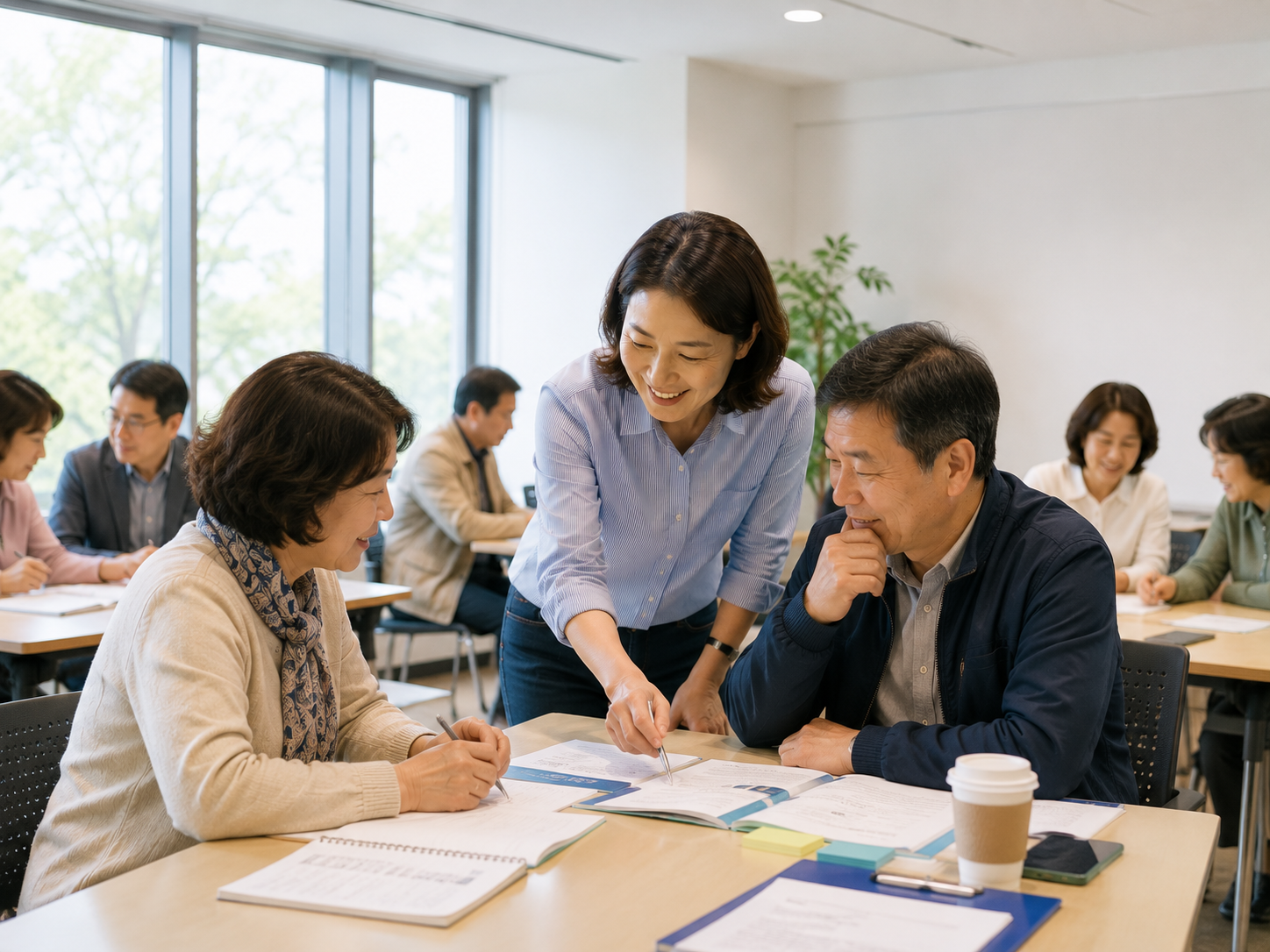 강의실에서 중장년 참여자의 학습을 돕는 서포터즈