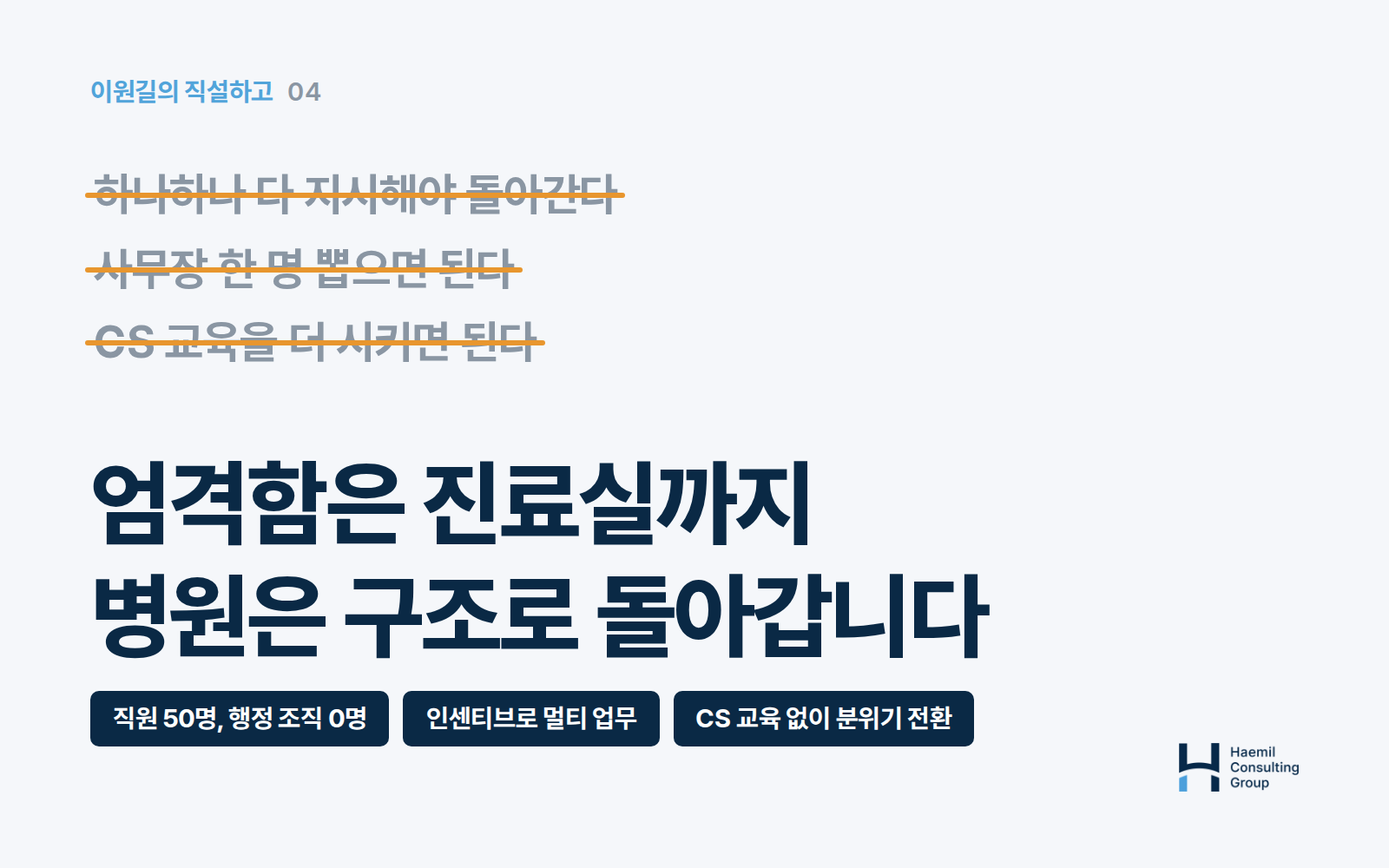 엄격함은 진료실까지만, 병원은 구조로 돌아갑니다 — 하나하나 지시, 사무장 채용, CS 교육 추가에 줄을 그은 카드. 직원 50명에 행정 조직 0명, 인센티브로 멀티 업무, CS 교육 없이 분위기 전환