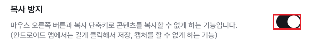 사이트 이용 옵션의 복사 방지 토글