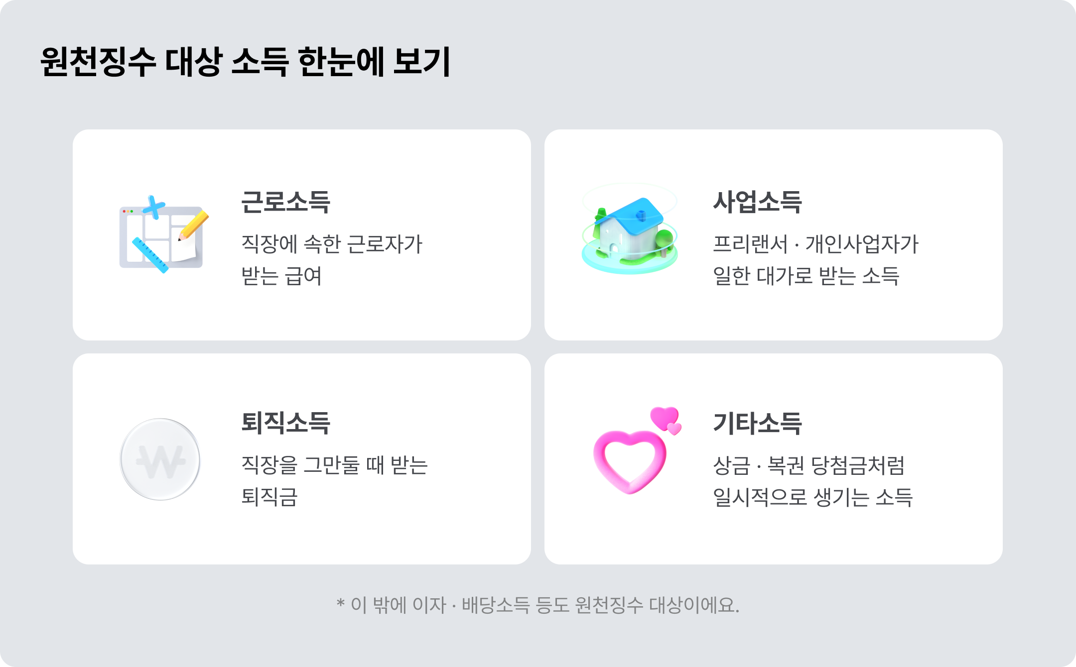 원천징수 대상 소득: 근로소득, 사업소득, 퇴직소득, 기타소득
